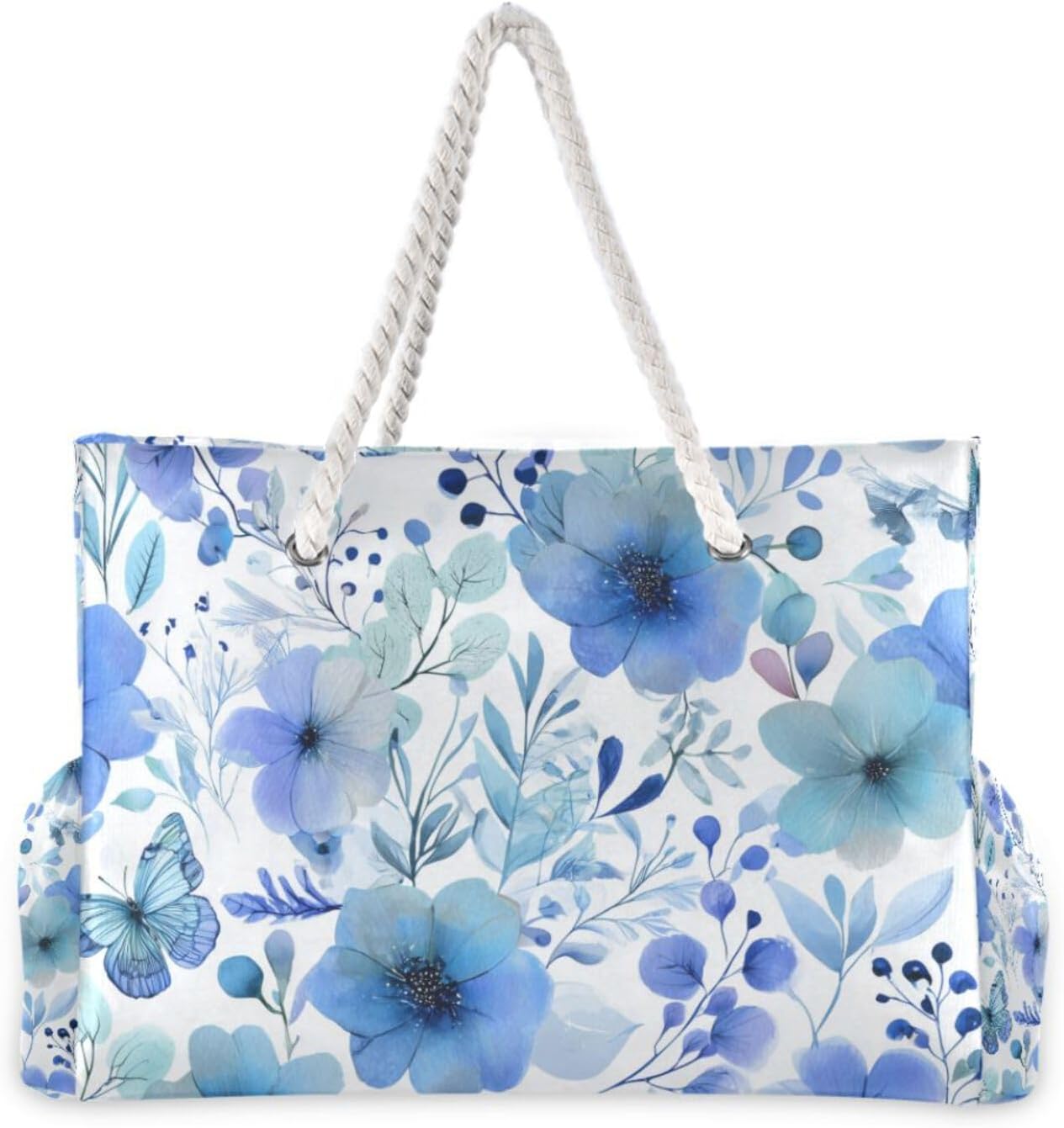 OTVEE Flower Butterfly with Leaves Patterns Beach Bags for Women Ladies Large Canvas Tote Shoulder Bag Waterproof Travel Bags for Gym Swim Pool Camping
