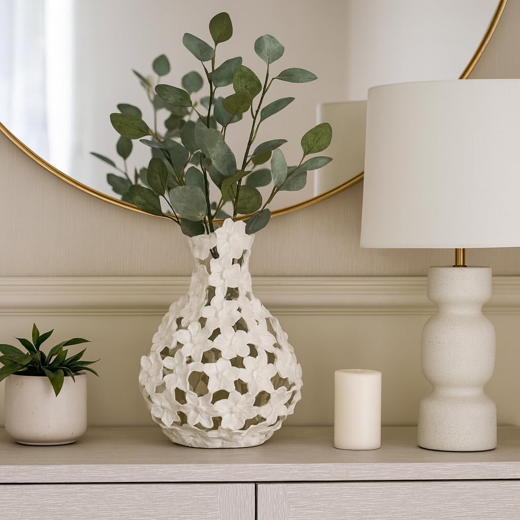 Flower Vase for Living Room Decor – Sleek Metal Vase with Intricate Sculpted Floral Pattern Ideal for Home and Office Decor – A Vase That Blooms All Year for Your Bedroom, Table, and Shelf – 15" Ivory
