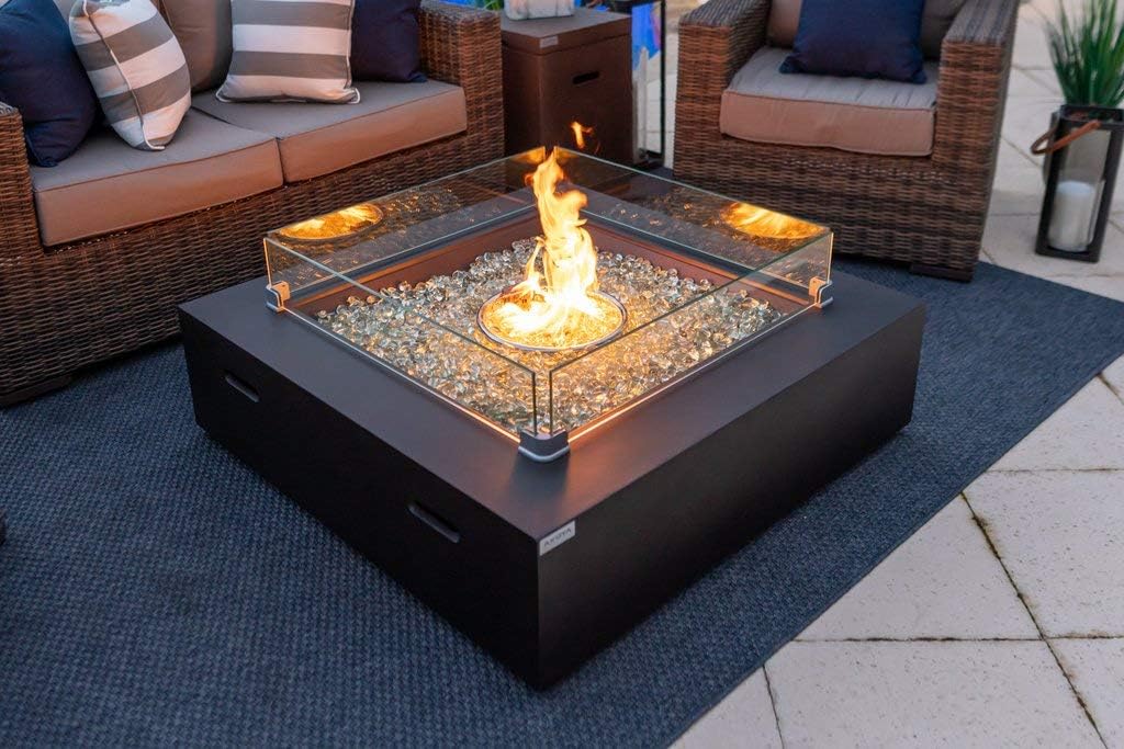 42" x 42" Square Modern Concrete Fire Pit Table w/Glass Guard and Crystals in Brown by AKOYA Outdoor Essentials (Cobalt Blue)