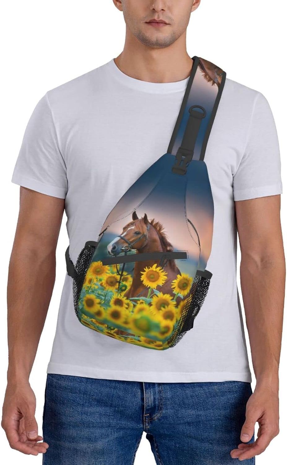 Sunflower Horse Print Sling Bag Crossbody Backpack for Men Women Red Stallion in Bridle Portrait in Sunflowers Chest Bag Casual Sling Shoulder Backpack Travel Hiking Daypack Outdoors - Image 2