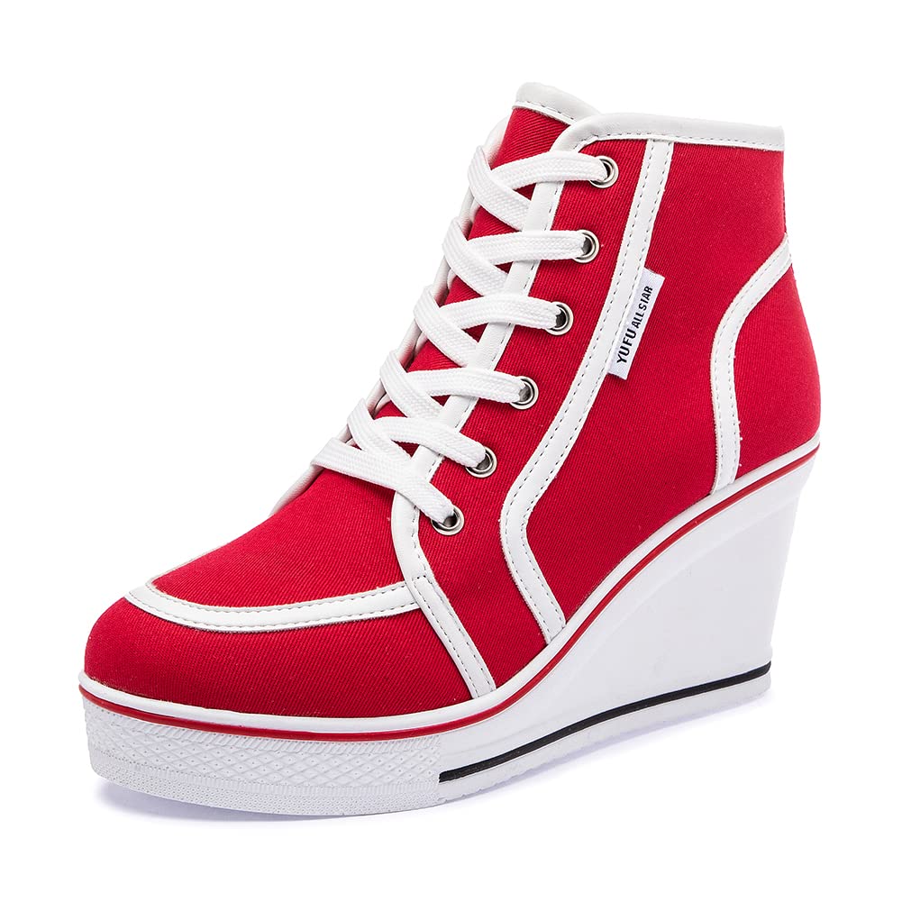Mei MACLEODWomens Wedge Sneaker with Side Zipper High Heel Sneakers Casual Canvas Lace Shoes for Girls Ladies