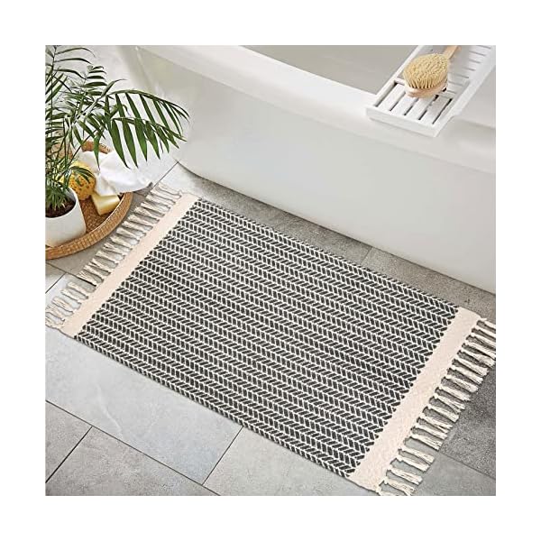 Lahome Boho Bathroom Rugs, Small 2x3 Entry Rug Lightweight Front Door Mat Woven Cotton Area Rug with Tassels, Farmhouse Non-Shedding Washable Grey Throw Rug Low Pile Carpet for Kitchen Laundry
