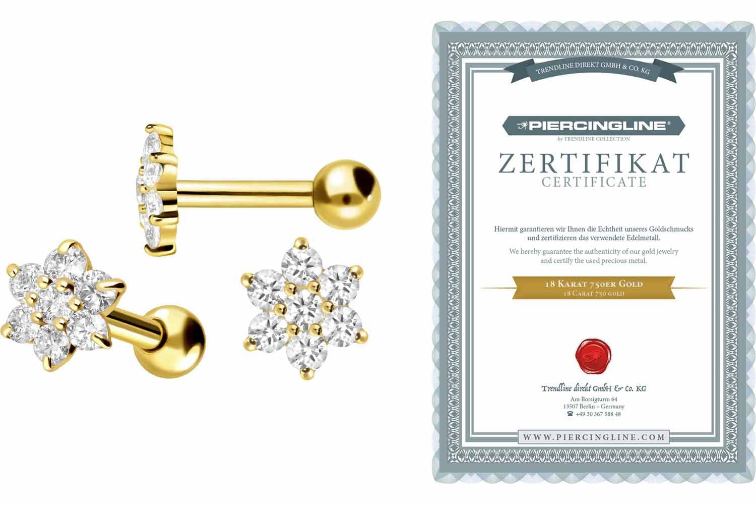 PIERCINGLINE 750er Gold Ohrpiercing | 18 KARAT | KRISTALL BLUME | Piercing Ohr Stecker | Farbauswahl