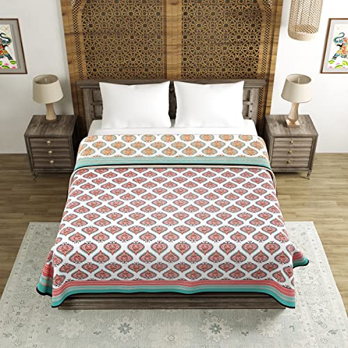Image of BLOCKS OF INDIA 100% Cotton Dohar King Size Reversible Hand Block Printed Malmal Summer Dohar /Blanket (Turquoise Motifs)