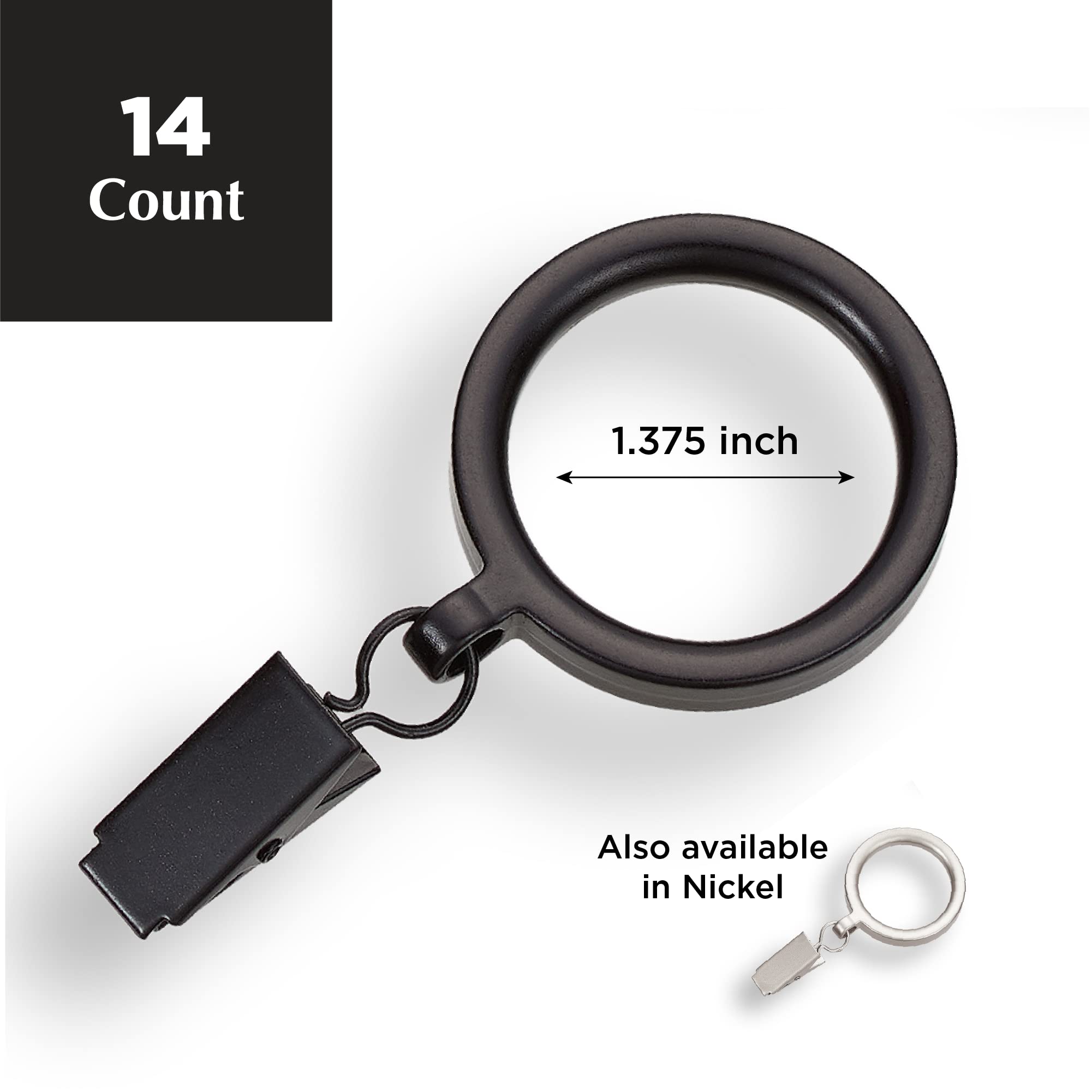 MODE Outdoor Collection Curtain Rings, Set of 14 Curtain Clips with Rings, Resin Rings with Clips for Curtains, Fits MODE Outdoor Curtain Rods, 1 3/8”, Dark Brown