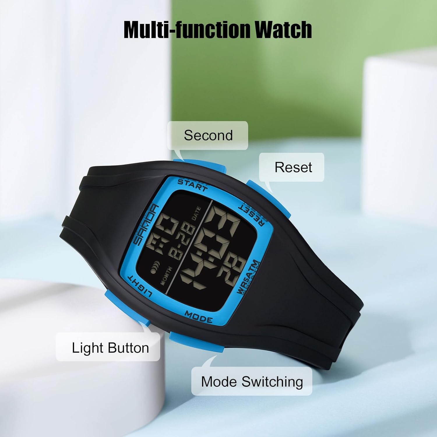 Diagram illustrating the watch's buttons: Light, Mode, Start, and Reset, with their respective functions.