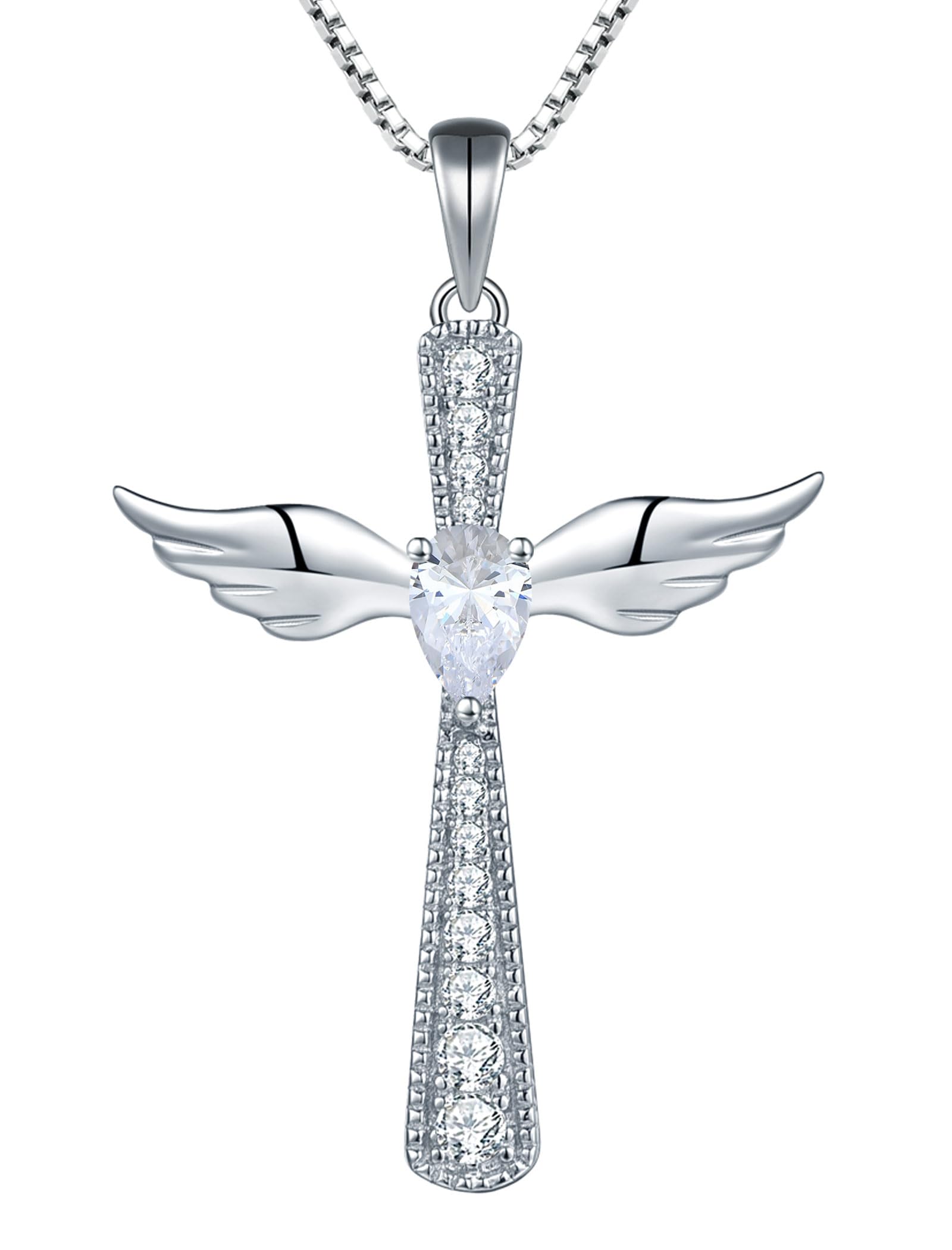 YL Cross Necklace 925 Sterling Silver Angel Wings Pendant Teardrop Birthstone Criss Jewelry for Women