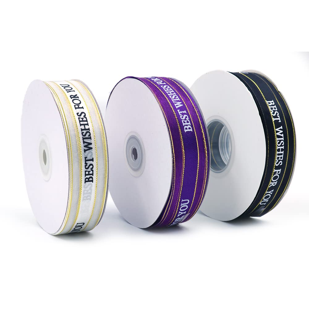 CENPEK 3 Rolls 2.5cm Wide Satin Ribbon 50 Yards Printing Best Wish for You Fabric Craft Ribbon for Wedding Valentine's Day Flowers Packaging Box Paper Gift Wrapping Party Decoration #3