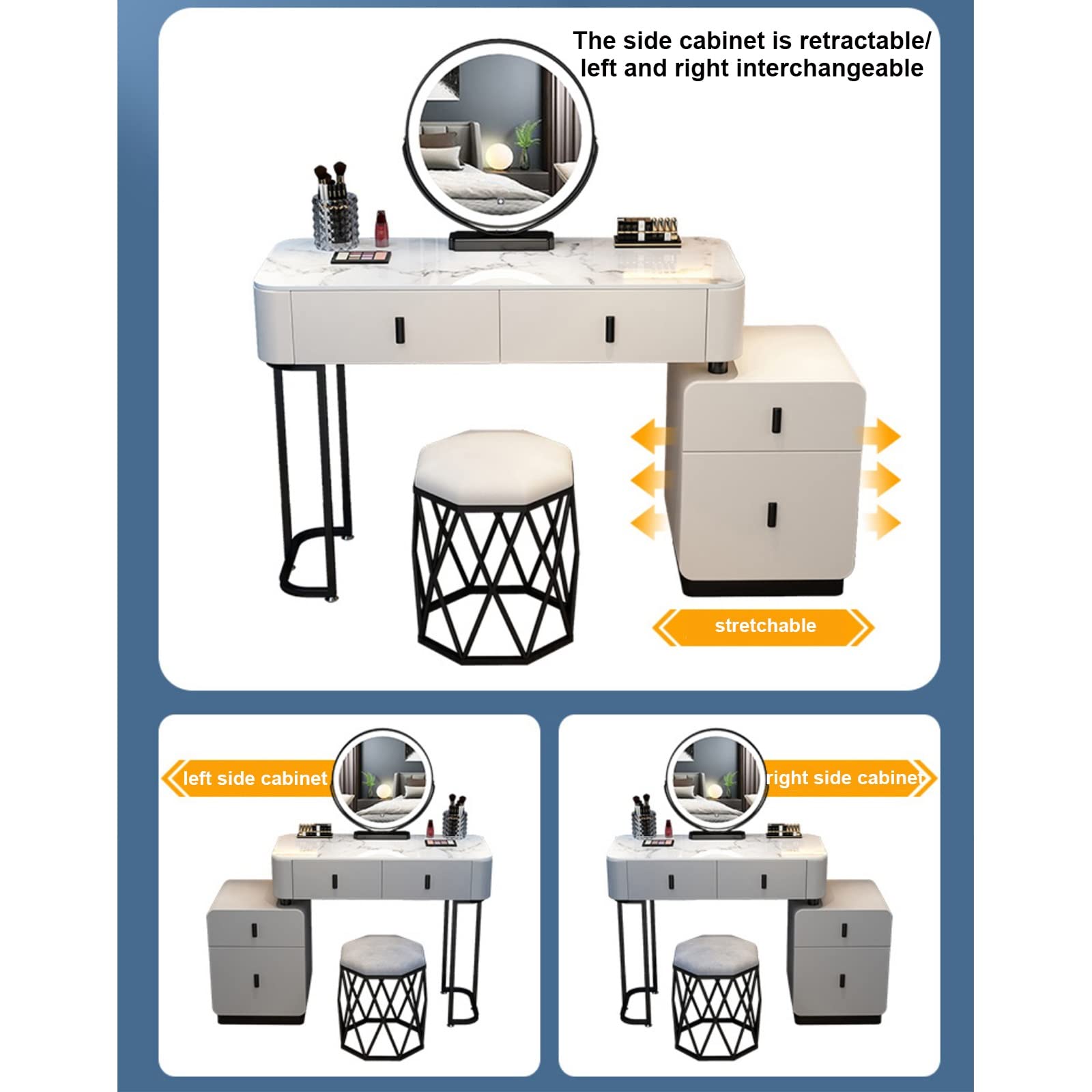 Vanity moderno per il trucco con luci, grande tavolo da toeletta regolabile con illuminazione a 3 colori, elegante design grigio, include comodino mobile e sgabello in peluche, perfetto per gli amanti