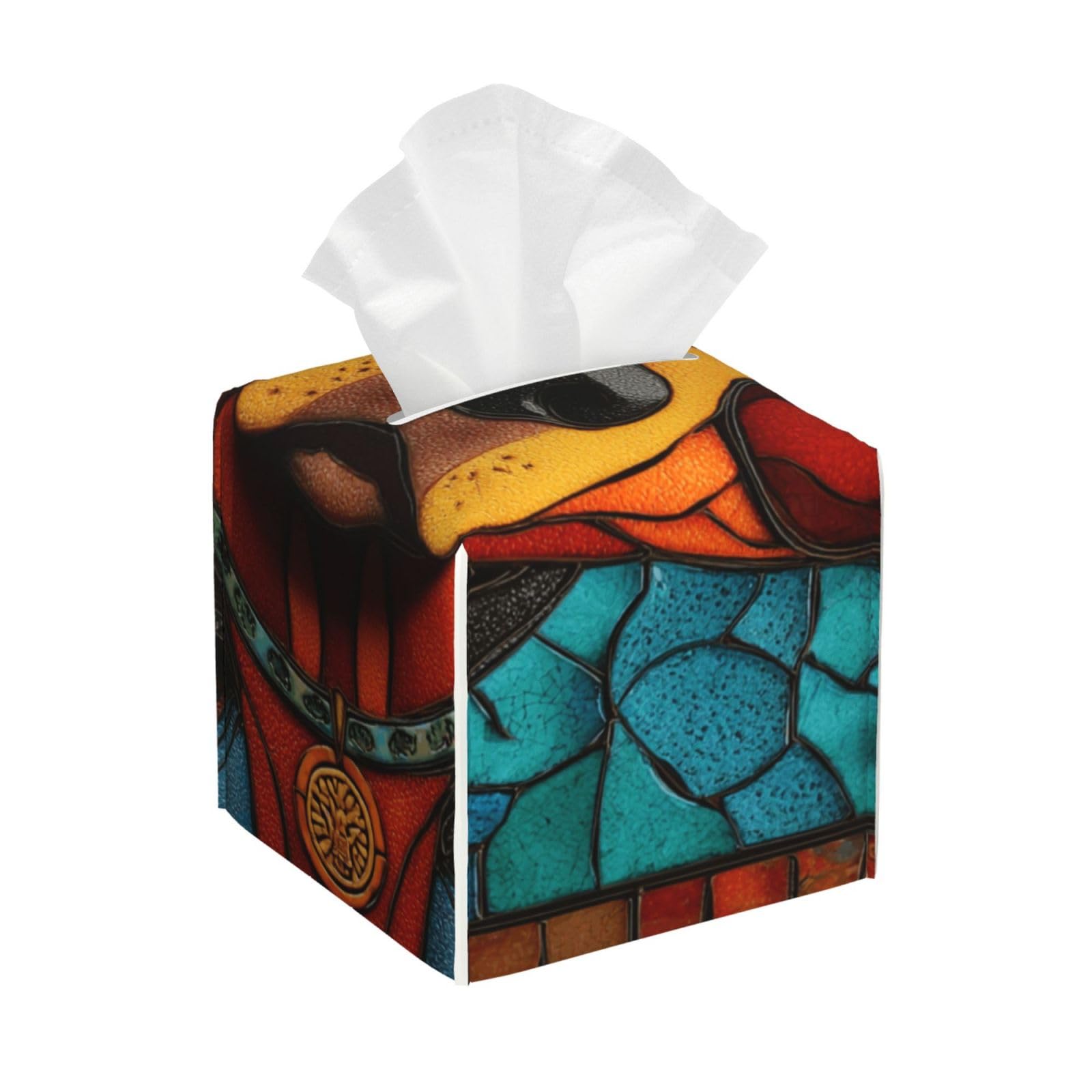 Dog Wearing Glasses Tissue Box Cover Square Pu Leather Waterproof Tissue Box Holder for Car Bathroom Bedroom Office Tabletop Decor