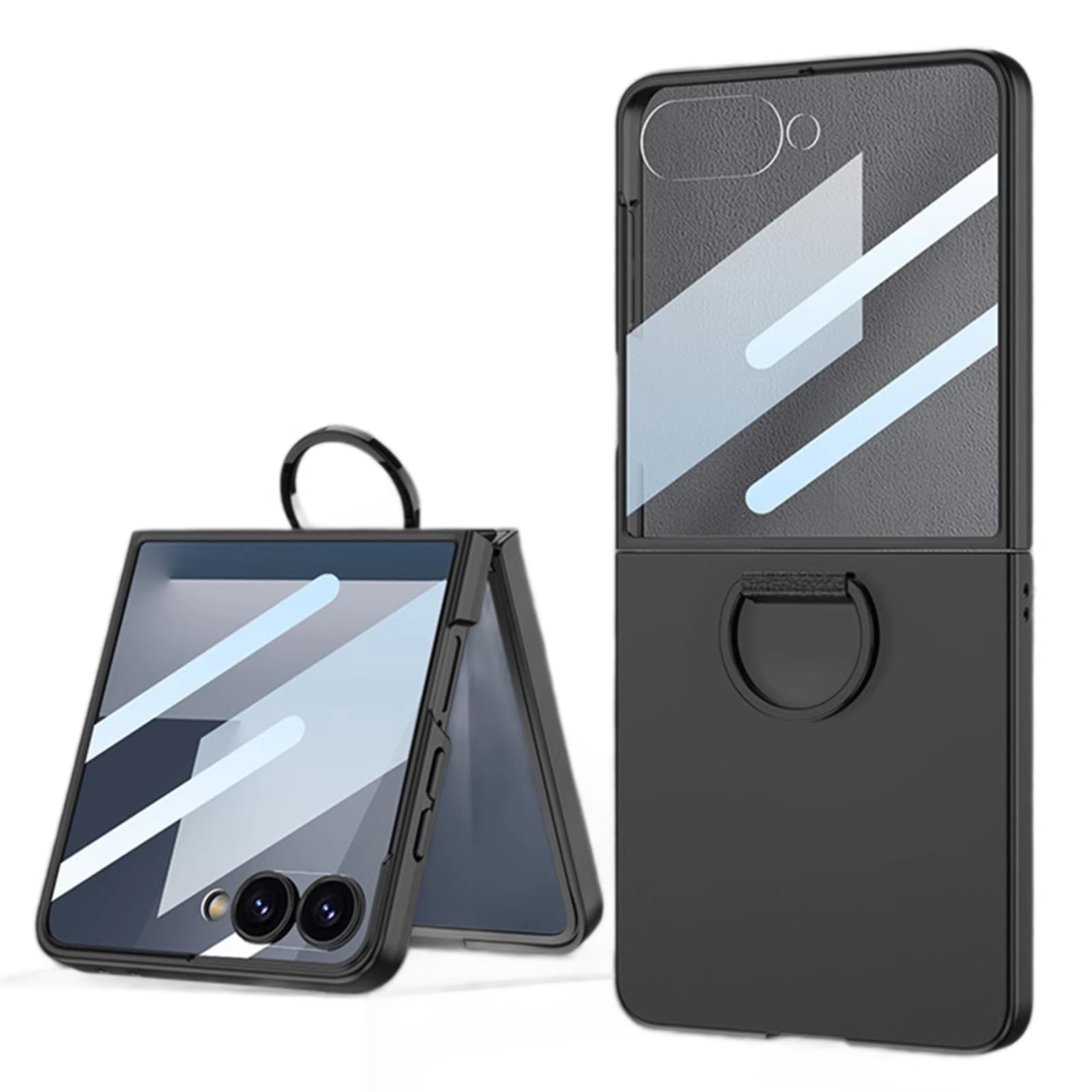 Coque pour Samsung Galaxy Z Flip 7, Verre Trempe Screen Protection Housse avec Anneau Support Béquille Mince Étui Dur PC,Noir,Flip 7