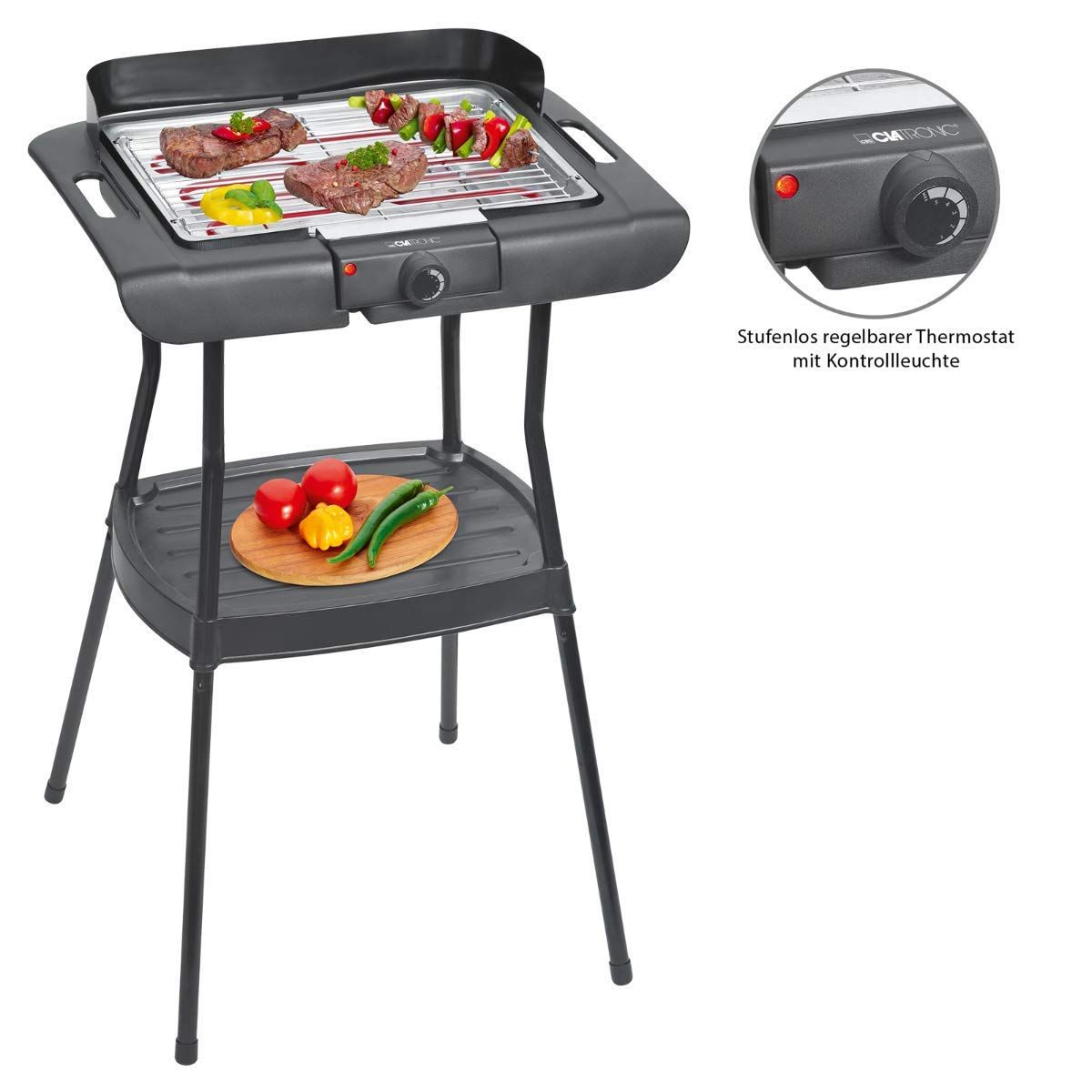 Clatronic BQS 3508 Grill elektryczny z nogami, Gril 35,5 x 24,5 cm, 2000 W, Metal, Czarny