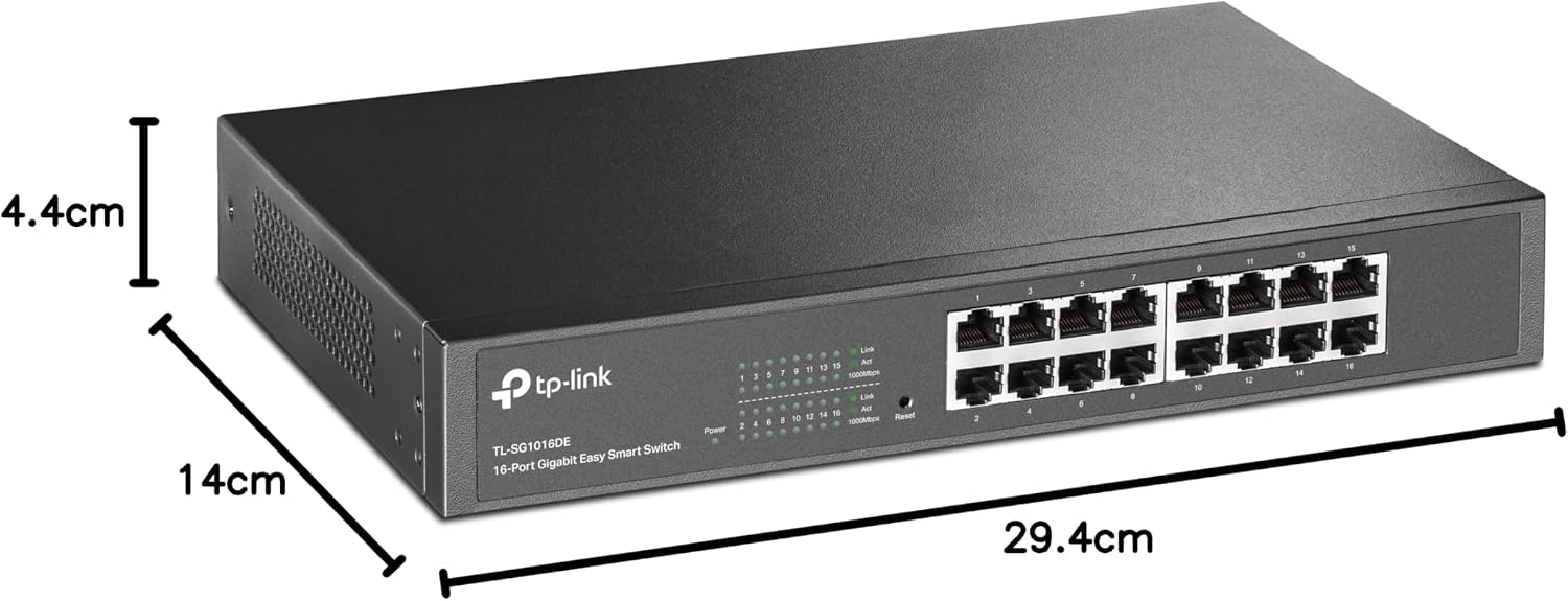 16-портовый настольный гигабитный Ethernet-коммутатор TP-Link с технологией Easy-Smart, стальной корпус, 13-дюймовый для монтажа в стойку (TL-SG1016DE)