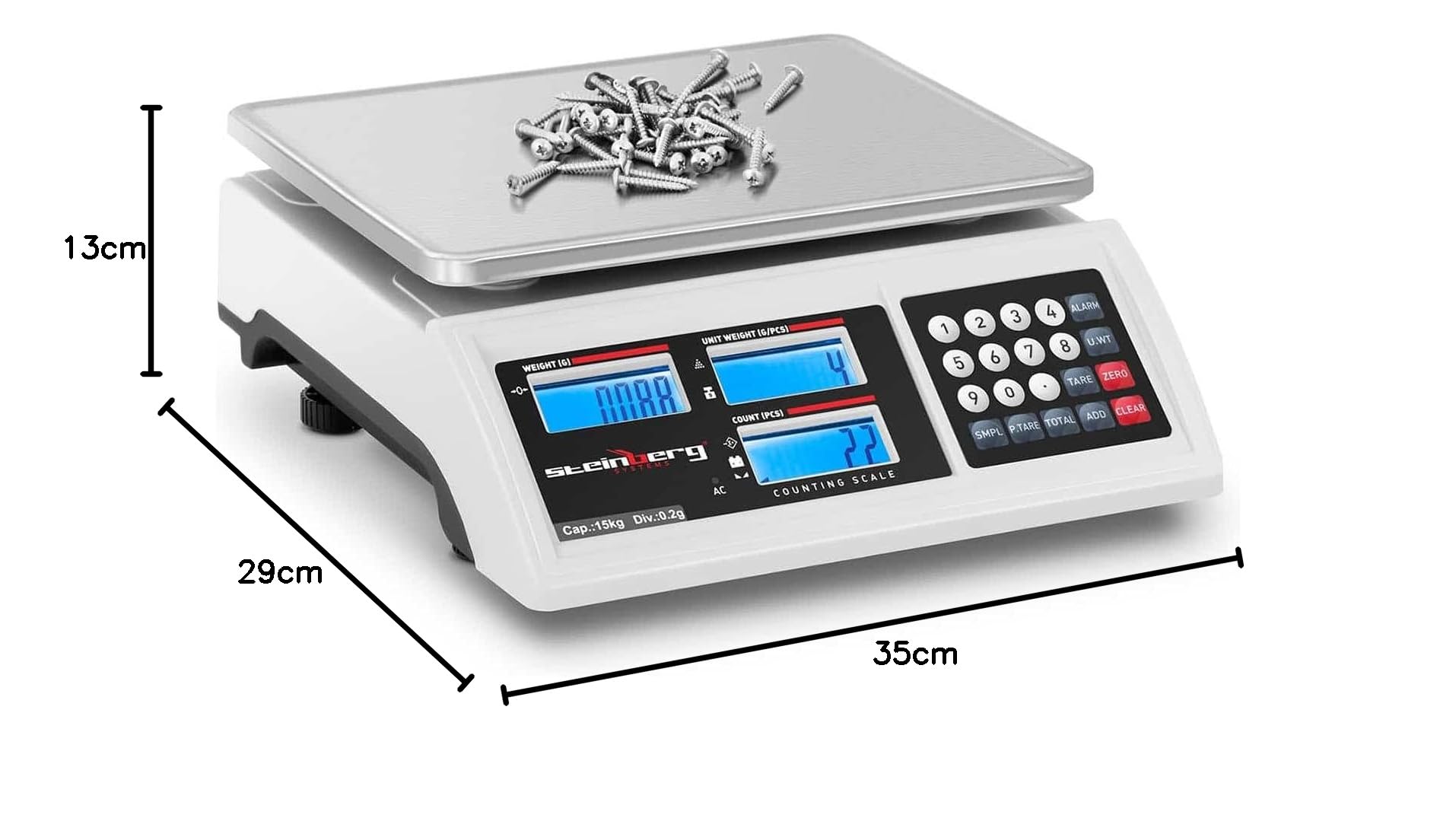 Steinberg Systems Balanza Cuentapiezas Báscula Digital SBS-ZW-1502 (Rango de pesaje: 1 g - 15 kg, Precisión: 0,2 g, Plato de 22,8 x 28 cm, Batería 80 h)