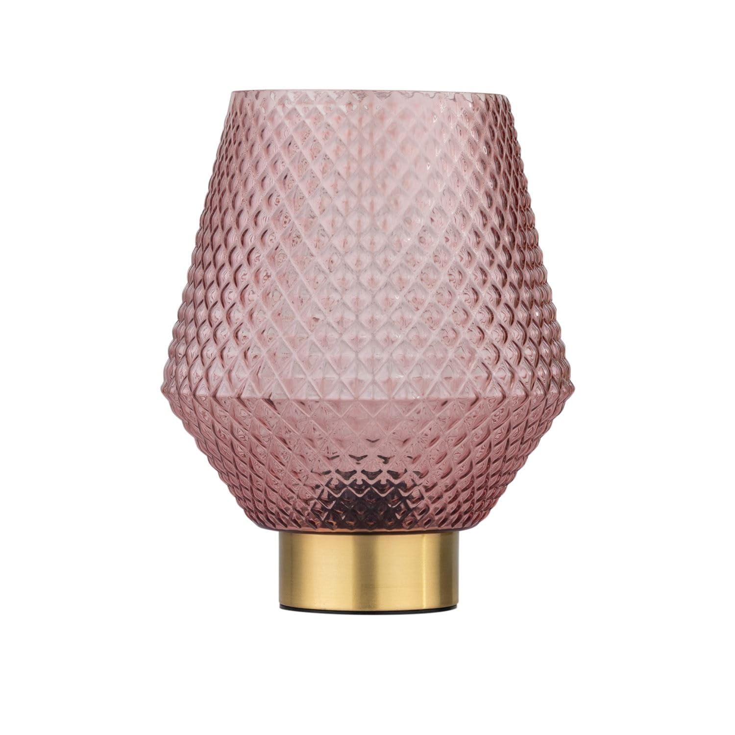 Firstchoicelighting Brass & Pink Battery Operated Table Lamp Or Bedside Light, Satin Brass With Blush Pink Textured Glass, 2W S14 Bulb Included, 20Cm Height
