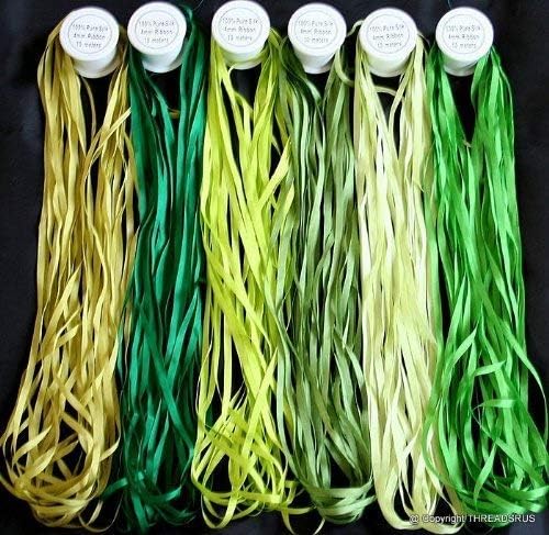 New 7mm Size ThreadNanny 6 Spools of 100% Pure Silk Ribbons - Green Tones - 60 MTS x 7mm