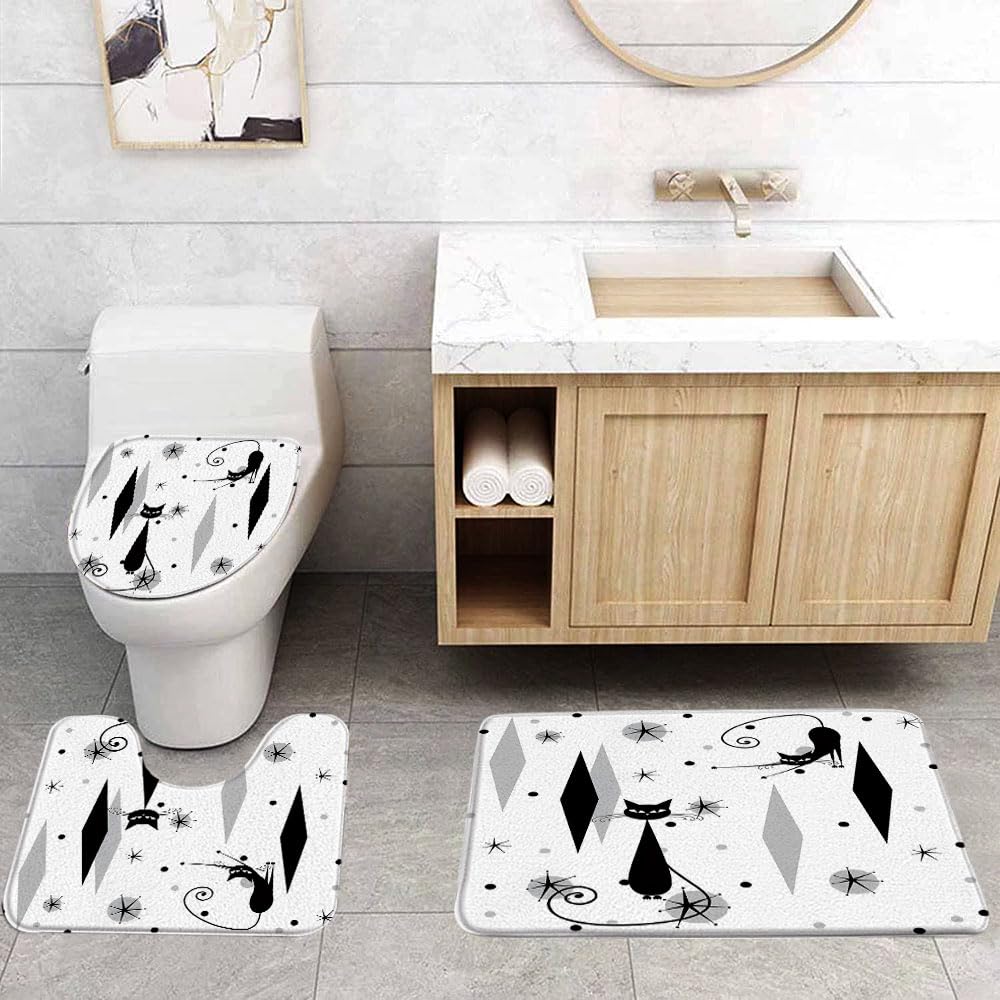 Mid Century Black Cat 3 Pcs Bath Rugs Set,Atomic Starbursts Cat Modern Abstract Geometric Iconic Pattern 1950s Vintage Bathroom Kitchen Rug with 16