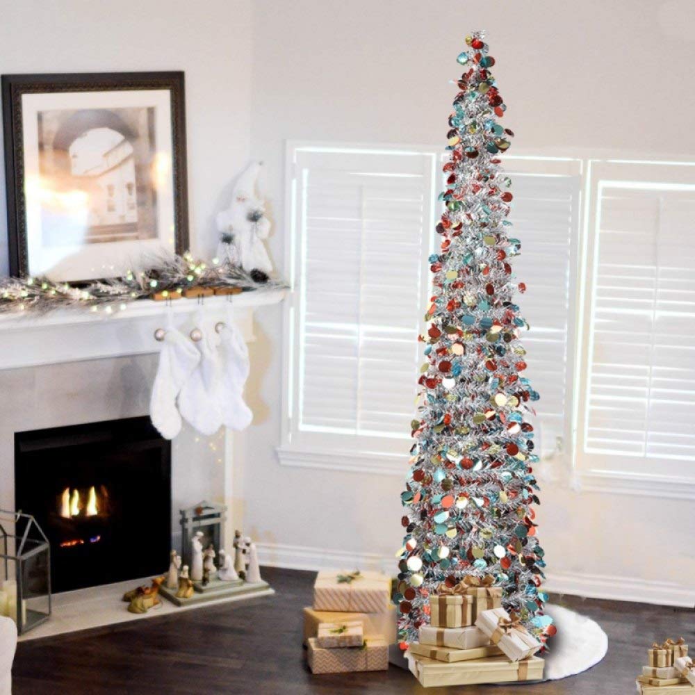 décoration de Noël Arbre de Noël à Paillettes Bricolage 1.5M / Arbre de Noël Artificiel en Fil métallique Pliable Pop-up/Arbre de décoration de Noël avec Support, SC, C