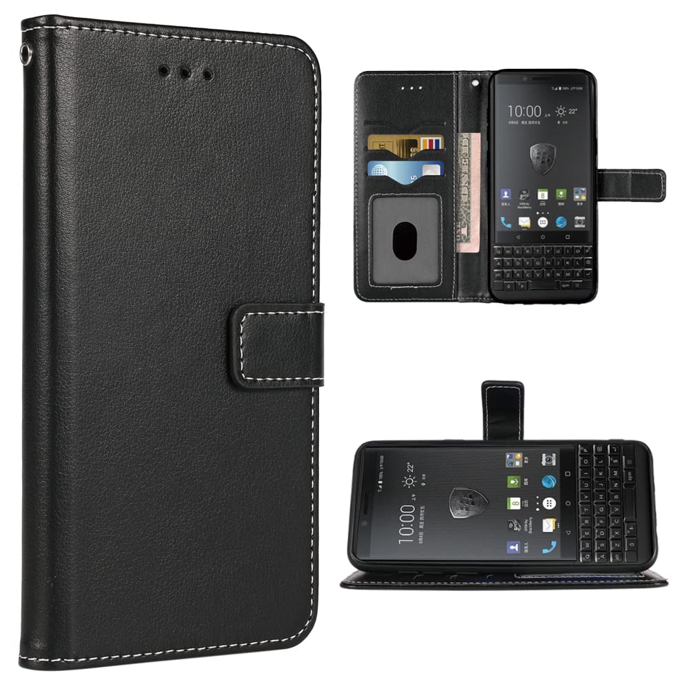 Compatible with BlackBerry KEY2 Wallet Case Wrist Strap Lanyard Leather Flip Cover Card Holder Stand Cell Accessories Folio Purse Credit Phone Cover for Key 2 Two KEYtwo Women Men Black