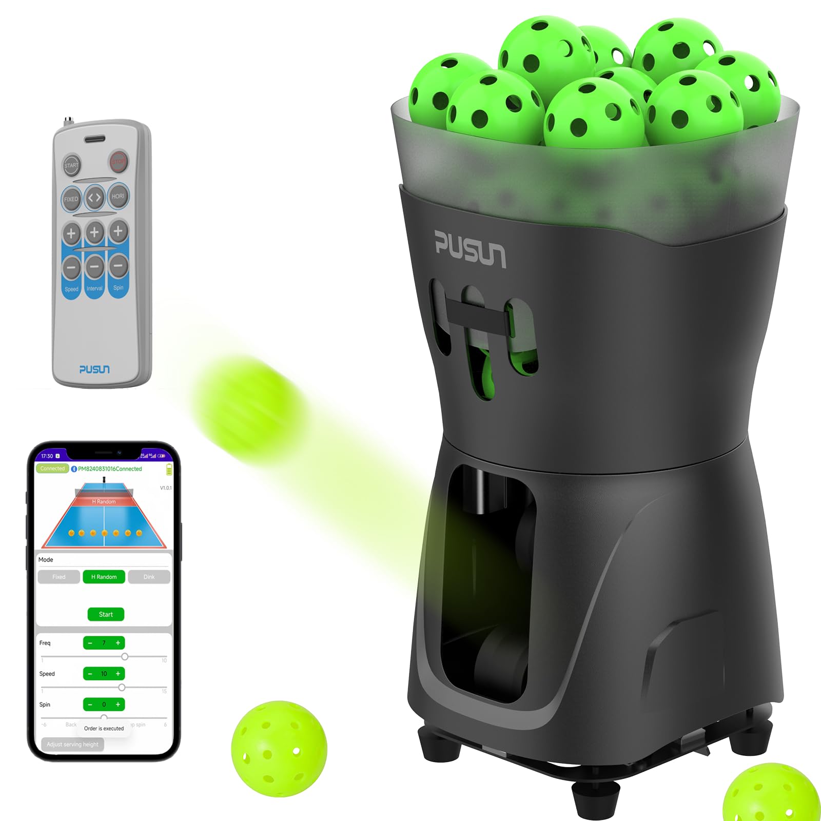 PUSUN Macchina per pickleball, macchina per pickleball PP-Mini Pro per bambini e principianti, supporta app e telecomando, contiene 65 più palline contemporaneamente, durata della batteria 3-5 ore,