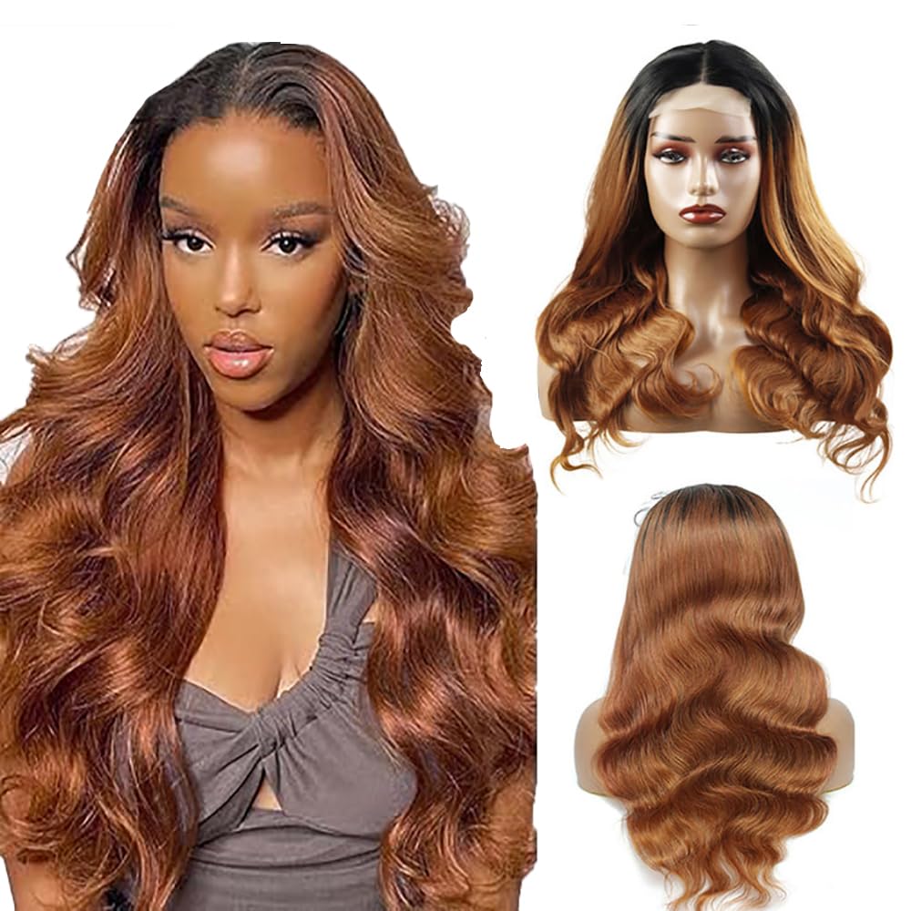 Weeybay 4x4 Body Wave Lace Front Wigs 1B/30 Black Root Light Brown Human Hair Wig 8A Glueless Baby Hair Ombre Brown Color for Women 22 Inch