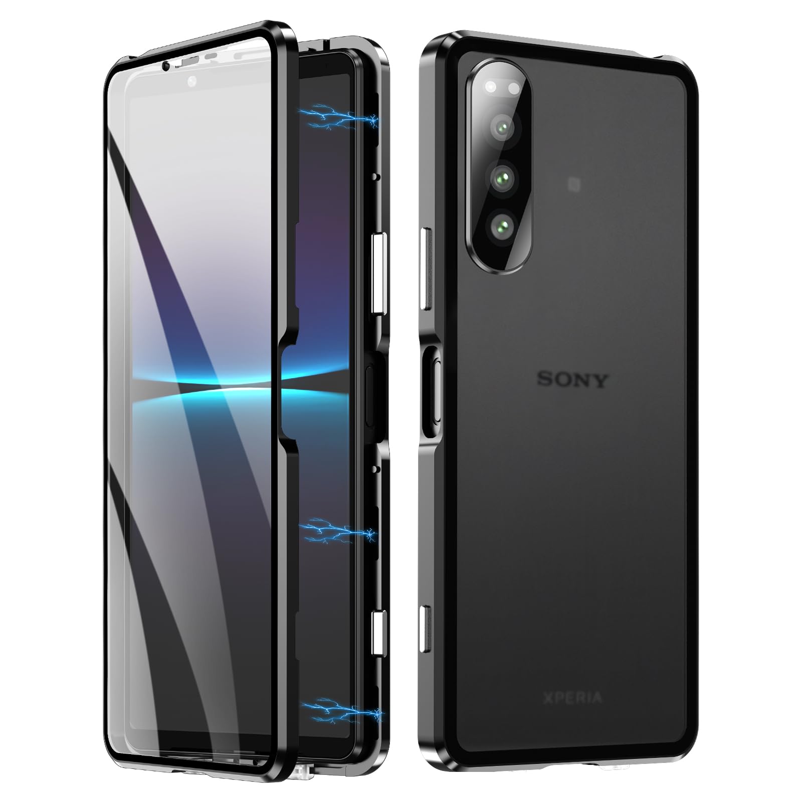 Case Compatible for Sony Xperia 5 IV, Magnetic Adsorption Metal Bumper Frame with Transparent Tempered Glass Screen Front and Back, 360 Degrees Protection Case, Camera Lens Protectors Cover,Black