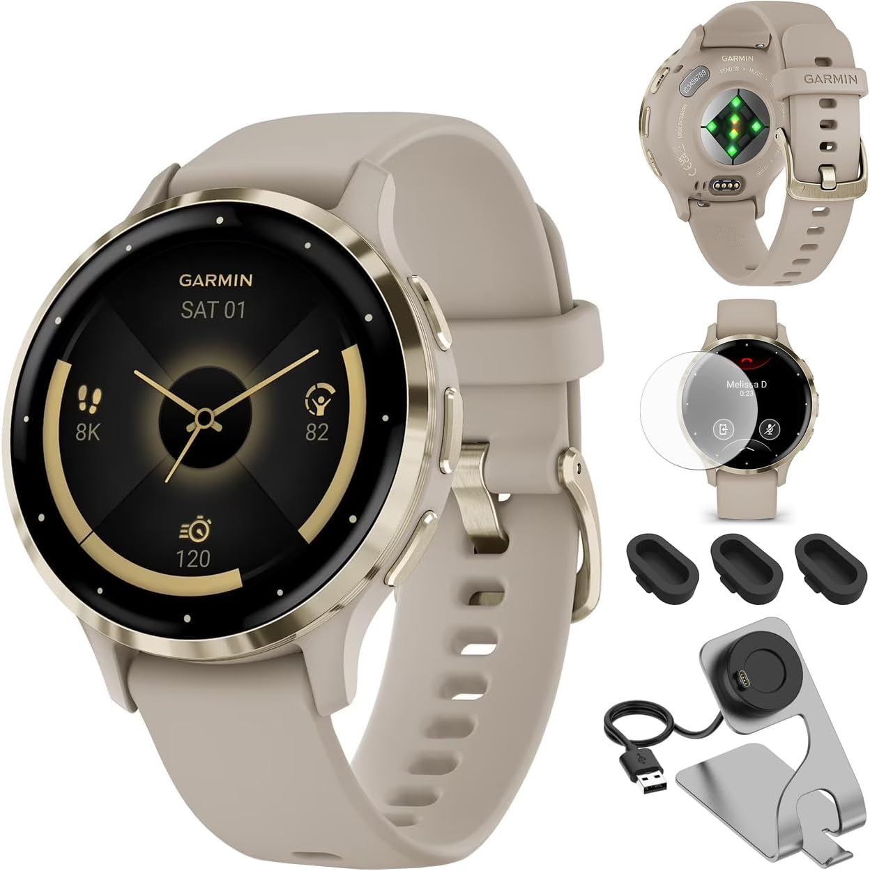 Garmin 010-02785-02 Venu 3S Health Fitness GPS Smartwatch Gold Steel Bezel with French Gray Case 41mm Bundle with Deco Essentials Charging Dock, Dust Cover 3 Pack and 2-Pack Screen Protector