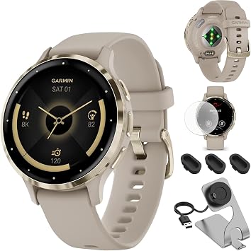 Garmin 010-02785-02 Venu 3S Health Fitness GPS Smartwatch إطار فولاذي ذهبي مع علبة رمادية فرنسية حزمة 41 مم مع قاعدة شحن Deco Essentials وغطاء غبار 3 عبوات وواقي شاشة مكون من عبوتين