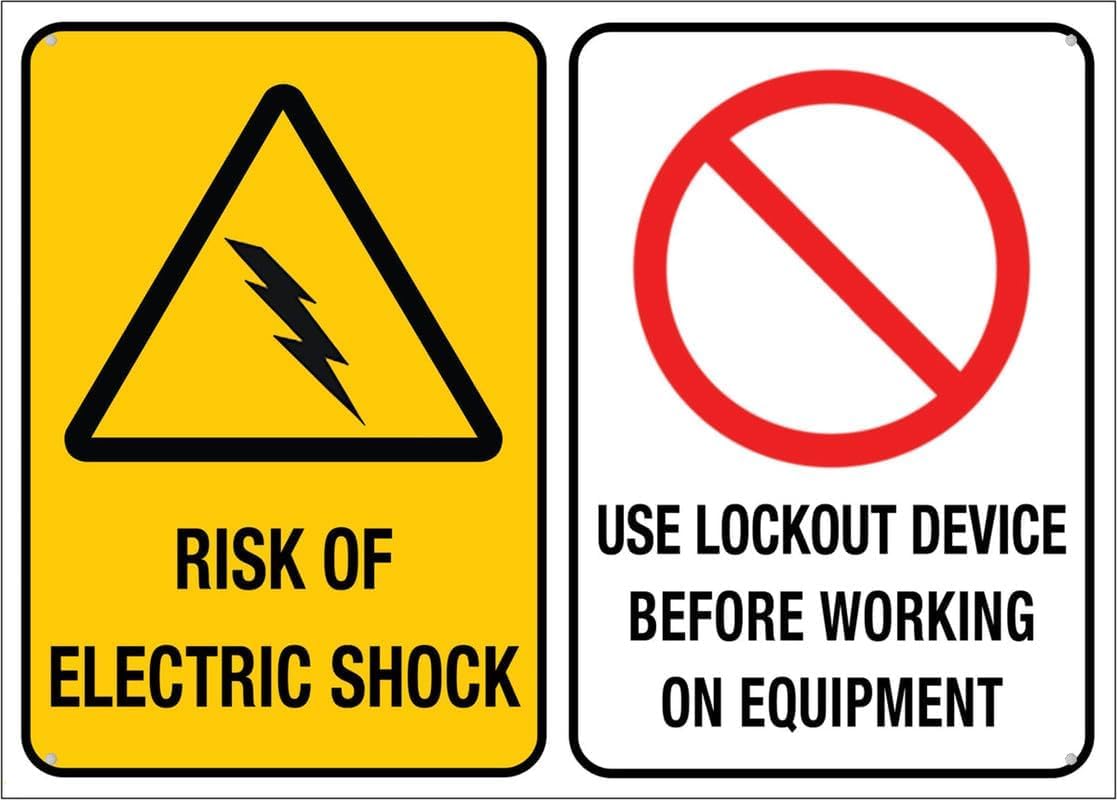 Risk of Electric Shock Use Lockout Device Before Working Rust Free Aluminum Sign - Pre-Drilled Holes Decor for Business, Home Equipment Zone - 12x16 Inch​