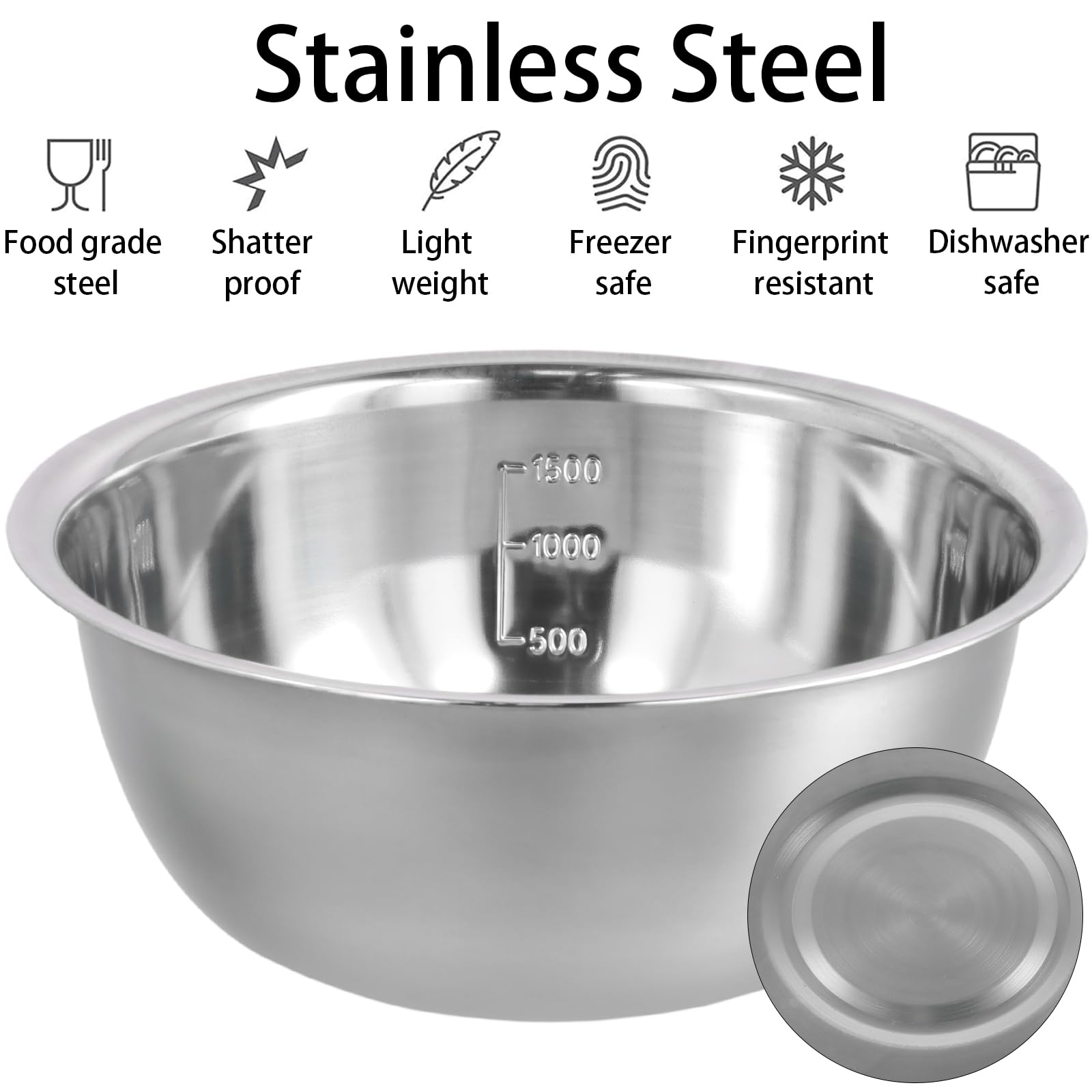 volumoon Mixing Ciotole Set, 5 Pezzi Ciotole in Acciaio Inox con Pennarelli di Misurazione, Bacino Multiuso per Zuppa, Ciotole da Cucina Multifunzionali per Insalata, Snack, Frutta (14/16/20/22/24 cm)