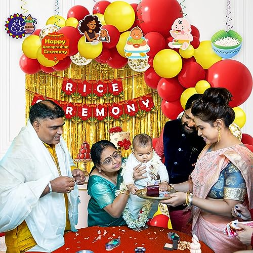 Image of Party Propz Baby Rice Ceremony Decorations Items - 49Pcs Baby Annaprashan Decoration Items, Yellow and Red Balloons For Decoration with Annaprashan Banner, Annaprashan Swirls with Cutout, Foil Curtain