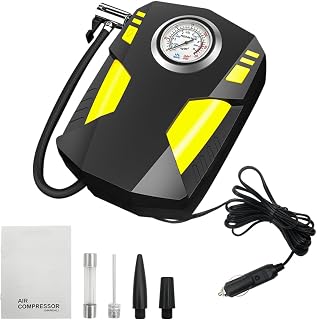 Tire Inflator Air Compressor, 12V Car Tire Pump with Pointer Pressure Gauge, Portable Shut Off with LED Light for Car Tires, Bicycles & Other Inflatables, Car Accessories