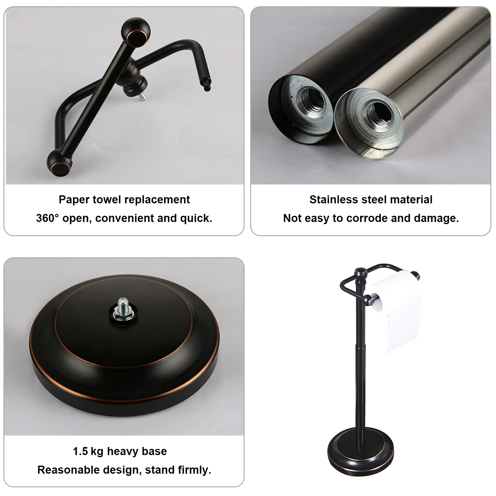 Portarotolo Igienico in Piedi in Acciaio Inox Portarotolo Regolabile Rotazione A 360° Portarotolo Accessori Bagno 66Cm,Argento