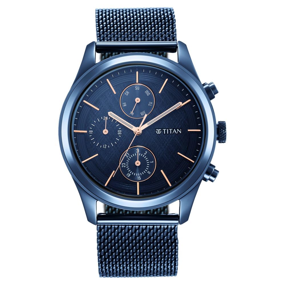 TitanTitan Neo Splash Sartorial Quartz Multifunction Midnight Blue Dial Metallic Blue Strap Watch for Men - NT1805QM02