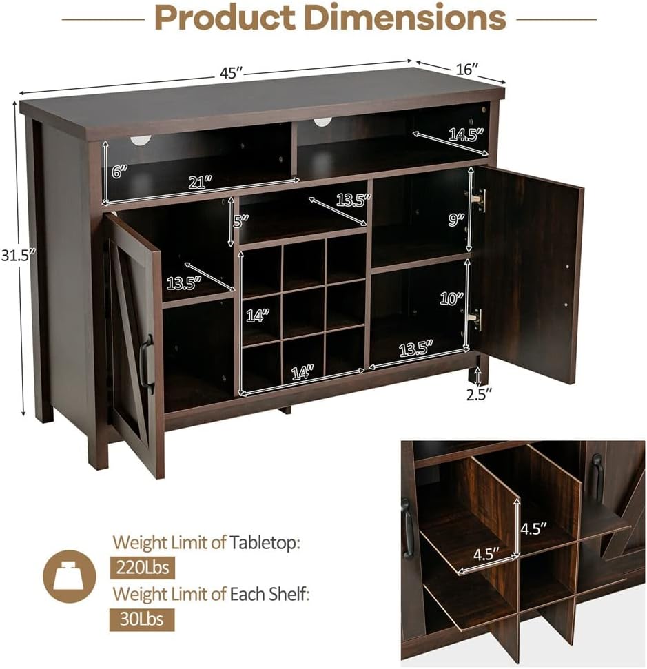 Buffet Storage Cabinet Farmhouse Sideboard with 9 Bottle Wine Rack and 2 Door Cabinets (Color : A, Size : As Shown) (A As Shown)
