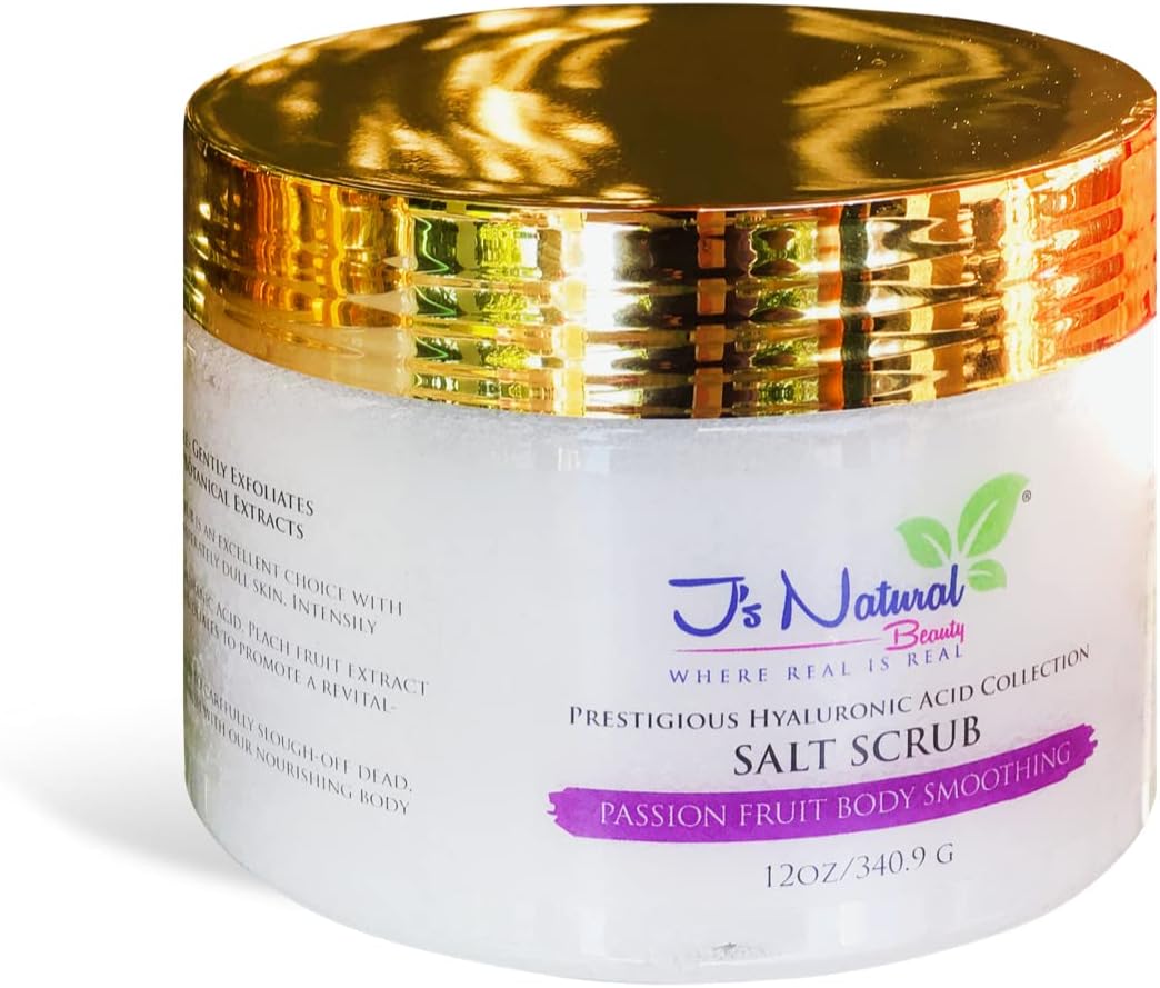 J'S NATURAL BEAUTY WHERE REAL IS REALPrestigious Hyaluronic Acid Collection Brazil Passion Fruit Body Smoothing Salt Scrub with Jojoba Seed Oil and Vitamin E, Anti-Aging and Restores Balance in Skin
