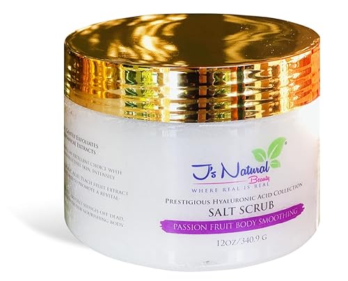 J's Natural Beauty Where Real is Real Exfoliante de sal Ácido Hialurónico Brasil Maracuyá Intenso pero suave con Aceite de Semilla de Jojoba y