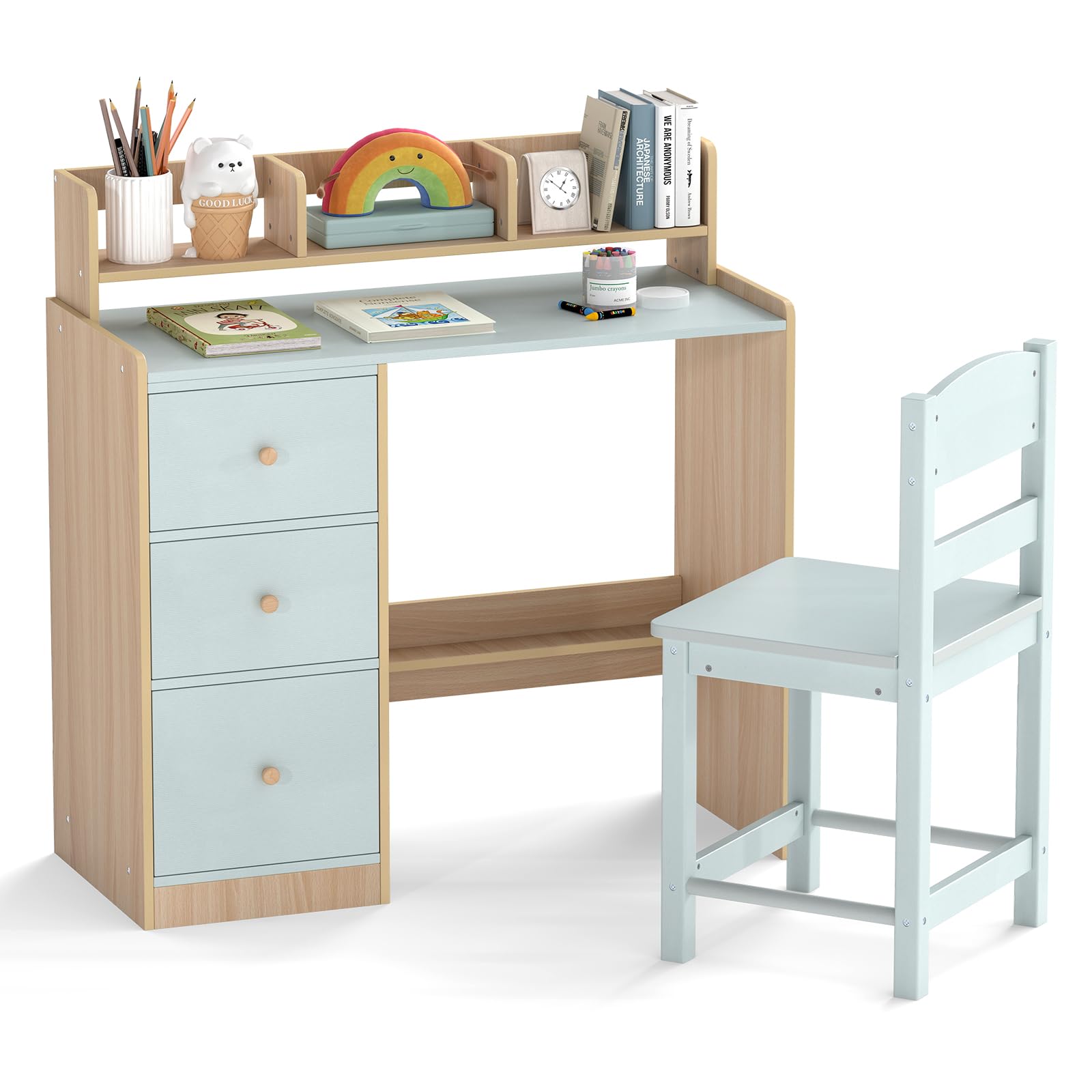 COSTWAY Kids Desk and Chair Set, Wooden Student Study Table with 3 Drawers, Hutch & Storage Shelf, Children Writing Table Chair Set for for Boys Girls (Green+Natural)