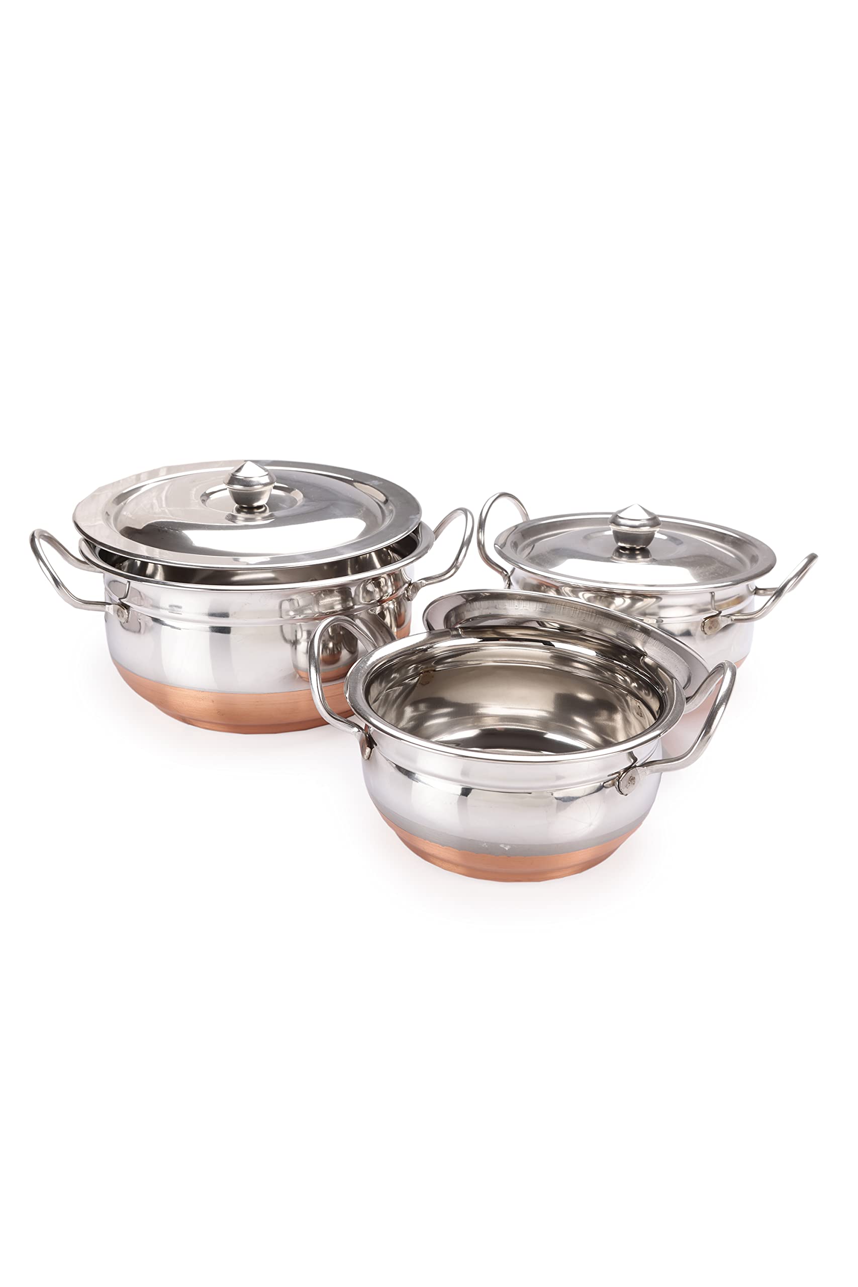Kalash3pcs Copper Bottom Alto Handi Set | Stainless Handi with Lid |Copper Bottom Bowl | Kitchen Serving and Cooking Bowl (Set of 3 1000 ml,1500 ml and 2000 ml)