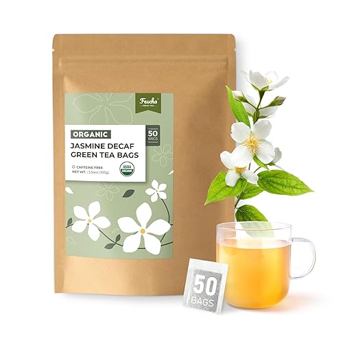 Fescha Organic Decaf Jasmine Green Tea Bags Flower-scented Tea (50-count), Eco-Conscious Tea Bags, Packed by Resealable Kraft Bag - Decaf Jasmine - 50 Count (Pack of 1)