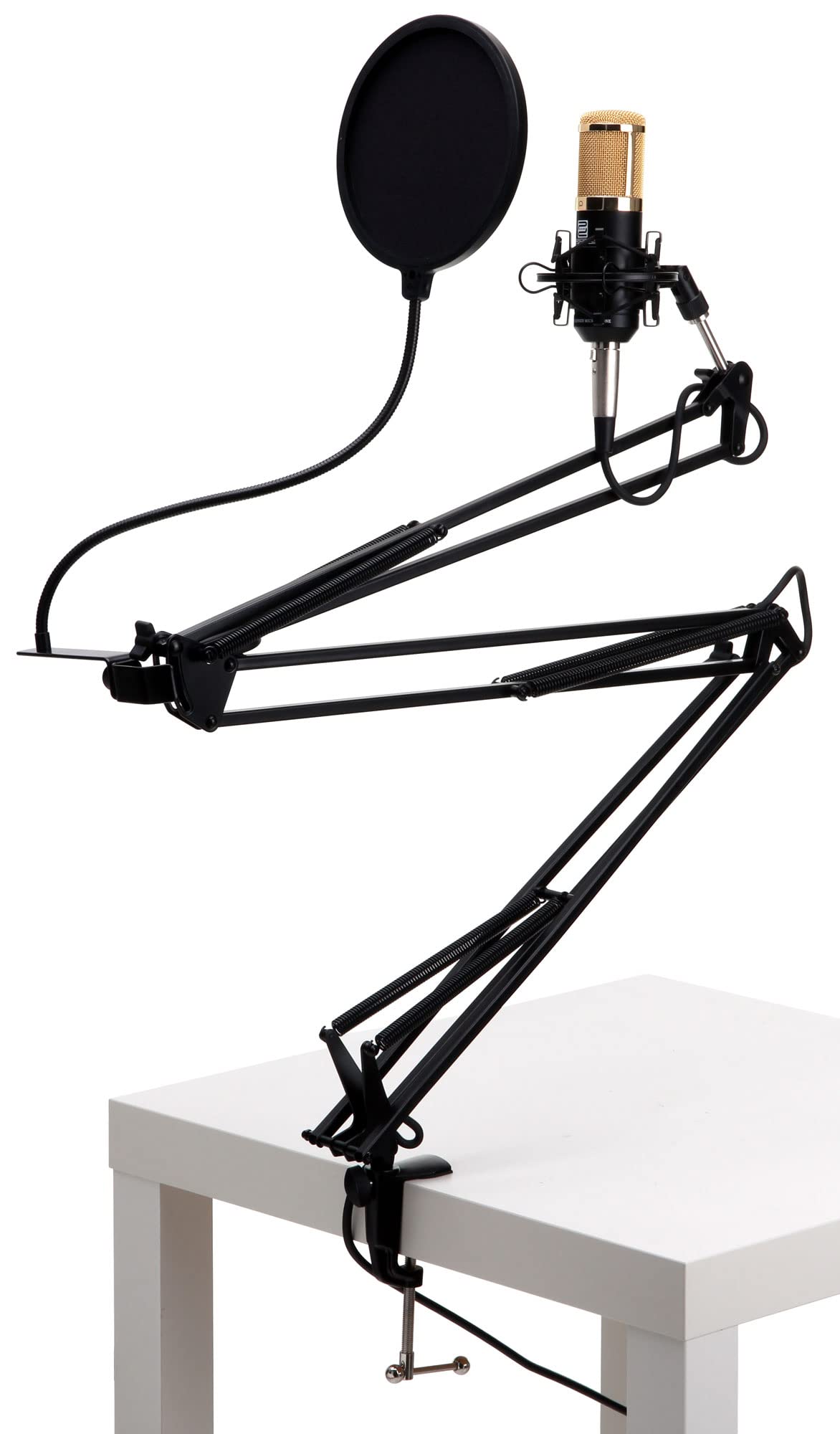 Pronomic CM-100BG Radioshow Bundle incl. paravento nero e braccio microfono | Microfono studio large-diaphragm, Diaframma da 34 mm placcato oro, Pattern polare: cardioide marcato, SPL max: 132 dB/ 0