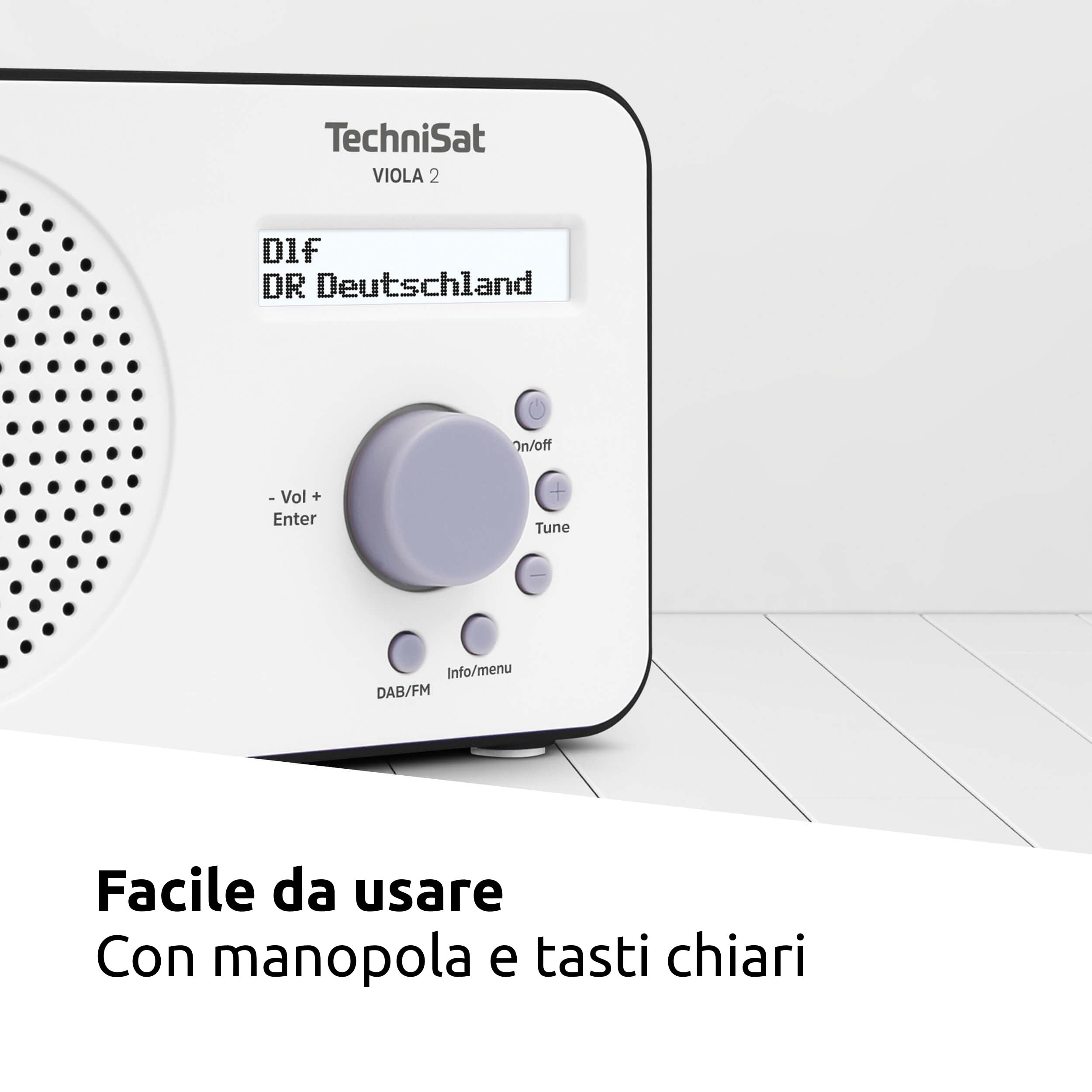 TechniSat VIOLA 2 - Radio DAB portatile (DAB+, VHF, Altoparlante, Ingresso per cuffie, Display a 2 righe, Pulsante di controllo, Compatta, 1 Watt RMS), Bianco/Nero