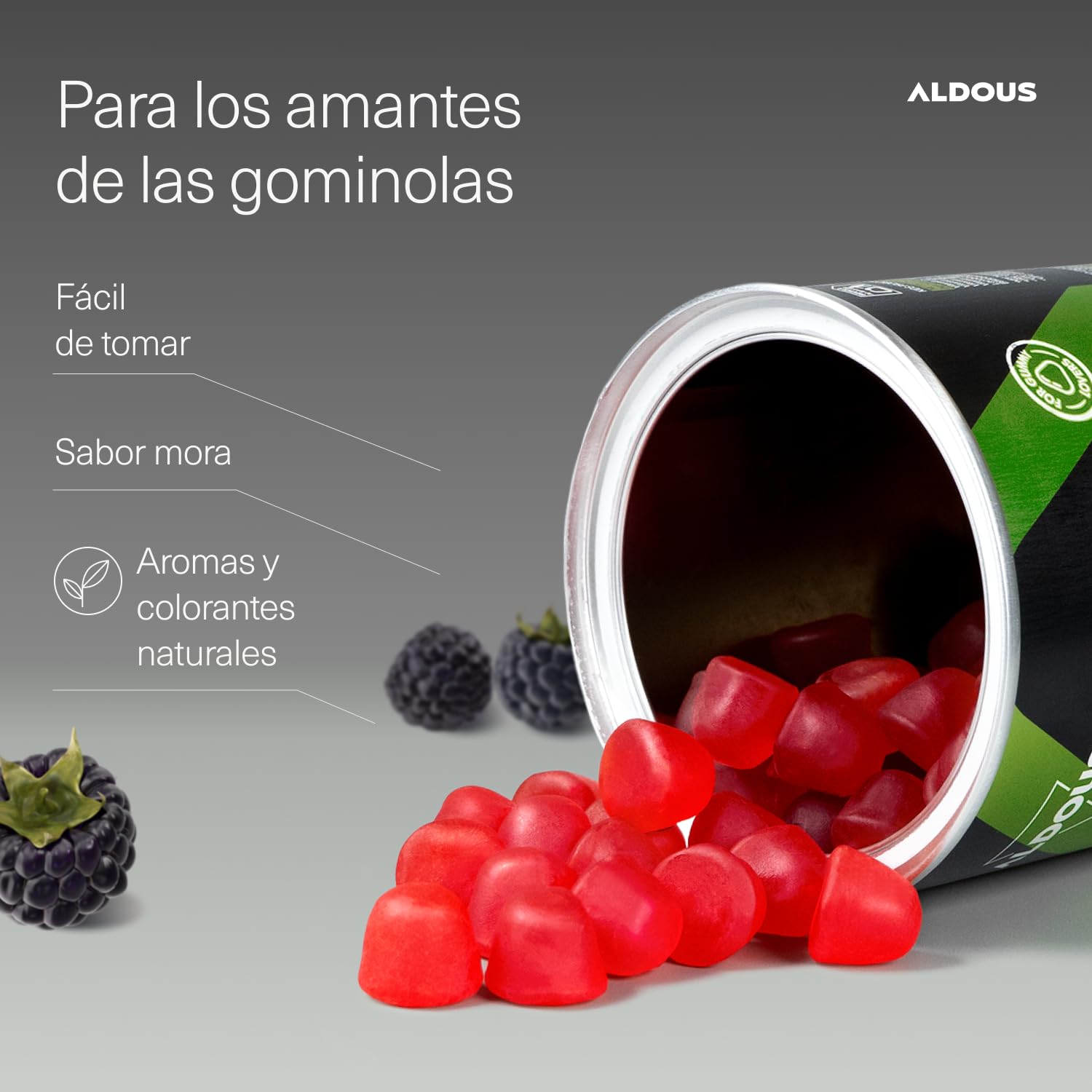 Probióticos Intestinales Gominolas - 120 Gummies sabor natural a Mora - Flora intestinal, Gases, Hinchazón - Bifidobacterium, Lactobacillus, Vitamina C, B3, B5, B6 - ALDOUS