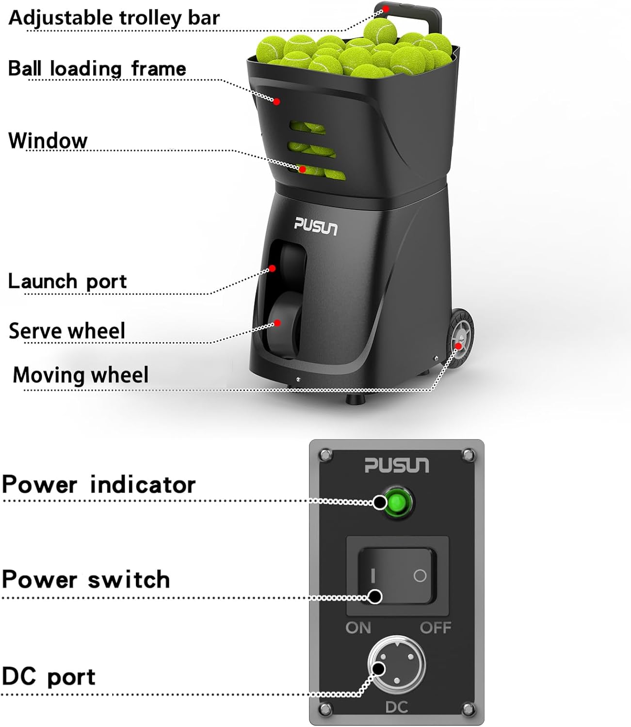 PT-Smart Professional Tennis Ball Machine - Smart APP Control, 75MPH Max Speed, 20 Landing Points & 12 Modes, Portable Auto Tennis Server with TopSpin/Backspin (4-6H Battery, 100+ Balls)