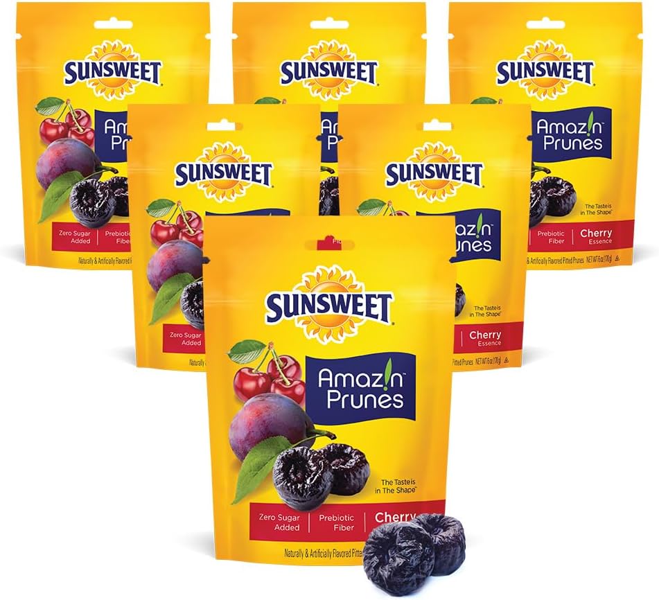 Amazin' Prunes Cherry Essence - Prunes Pitted Unsweetened & Dried - Gluten Free, Vegan, Low Fat - Fiber & Minerals - 6 oz pouch - 6 Pack
