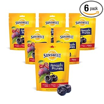 Sunsweet Amazin' Prunes Cherry Essence - Prunes Pitted Unsweetened & Dried - Gluten Free, Vegan, Low Fat - Fiber & Minerals - 6 oz pouch - 6 Pack