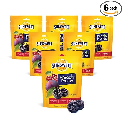 Sunsweet Amazin' Prunes Cherry Essence - Prunes Pitted Unsweetened & Dried - Gluten Free, Vegan, Low Fat - Fiber & Minerals - 6 oz pouch - 6 Pack