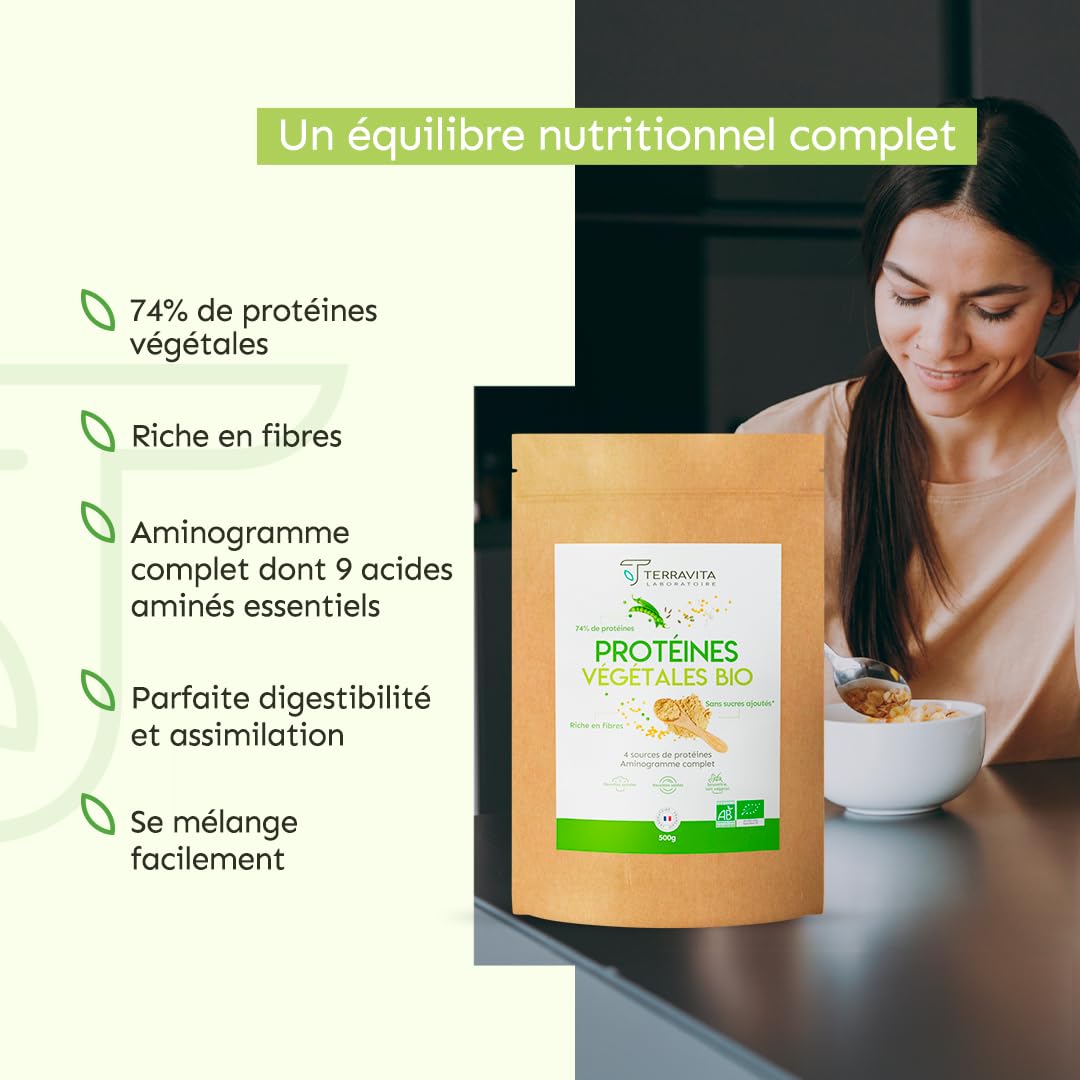 Protéines Végétales BIO | 4 Sources : Aminogramme Complet | Idéale en Shaker ou Recette | Mélange Onctueux sans Grumeaux | 500g Goût Neutre | Sans Excipients & Vegan | Made in France | Terravita