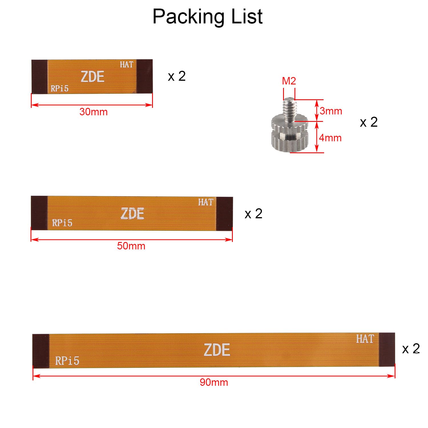 ZDE Set di 6 cavi piatti flessibili da 16 pin, 0,5 mm, 30 mm, 50 mm, 90 mm, FPC FFC, con 2 bulloni di montaggio M.2 SSD, compatibili con Raspberry Pi 5 PCIe a M.2 Key M NVMe SSD adattatore PCIe