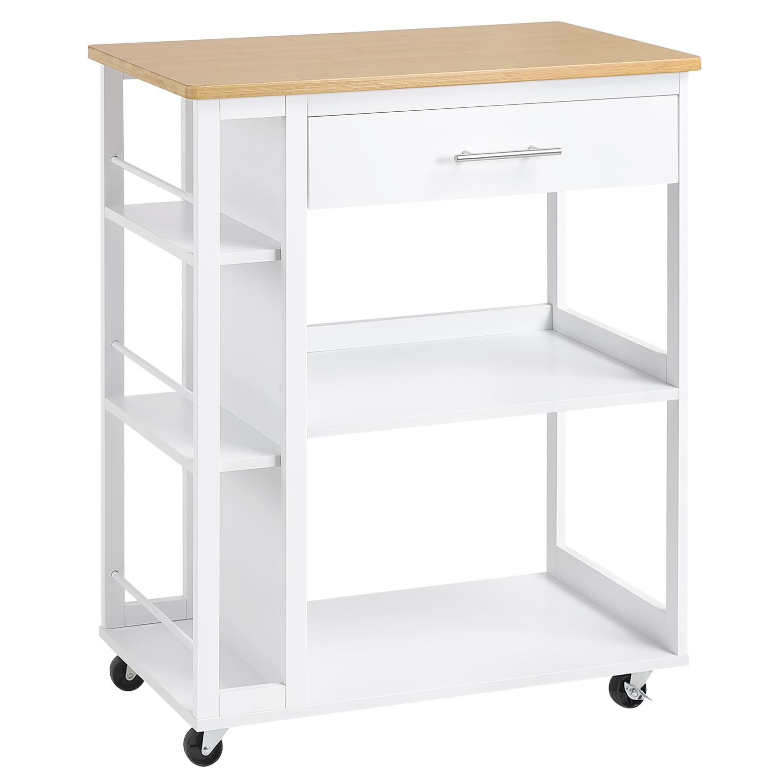 WOLTU Carrito Cocina de 3 Estantes y 1 Cajon Grande, Carro Camarera con Ruedas, Estanteria de Almacenamiento Estilo Moderno, para Cocina, Salón y Comedor, 73x38x88 cm, Color Bambú + Blanco, RW051eiw